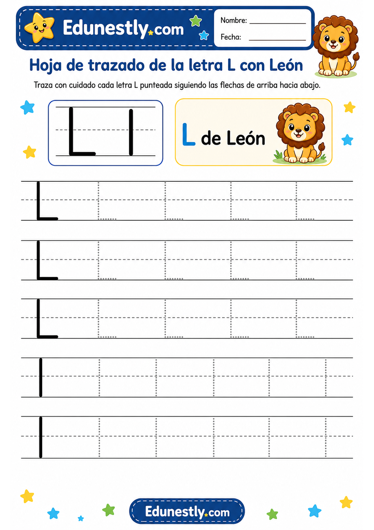 Hoja de trazado de la letra L con León