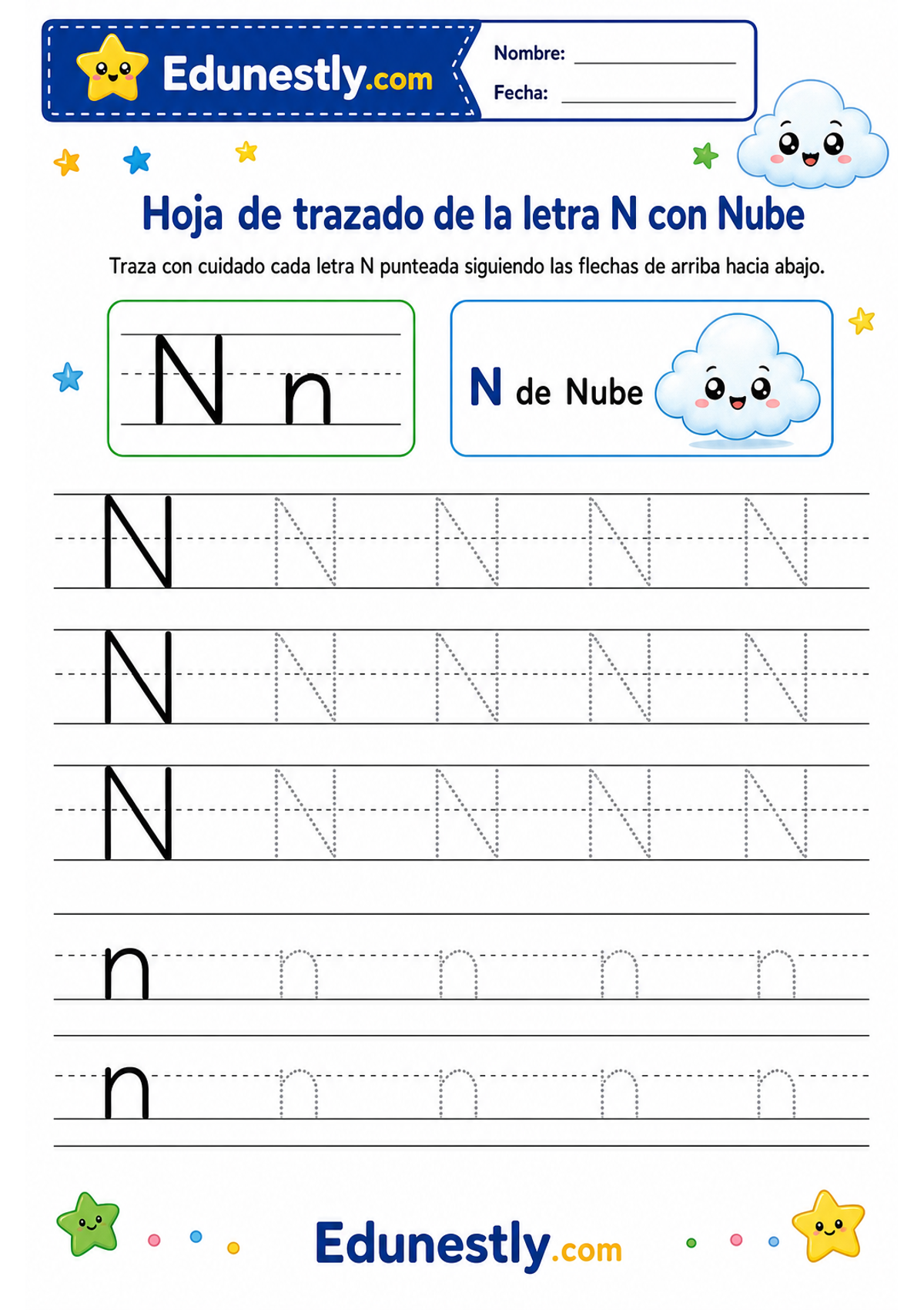 Hoja de trazado de la letra N con Nube