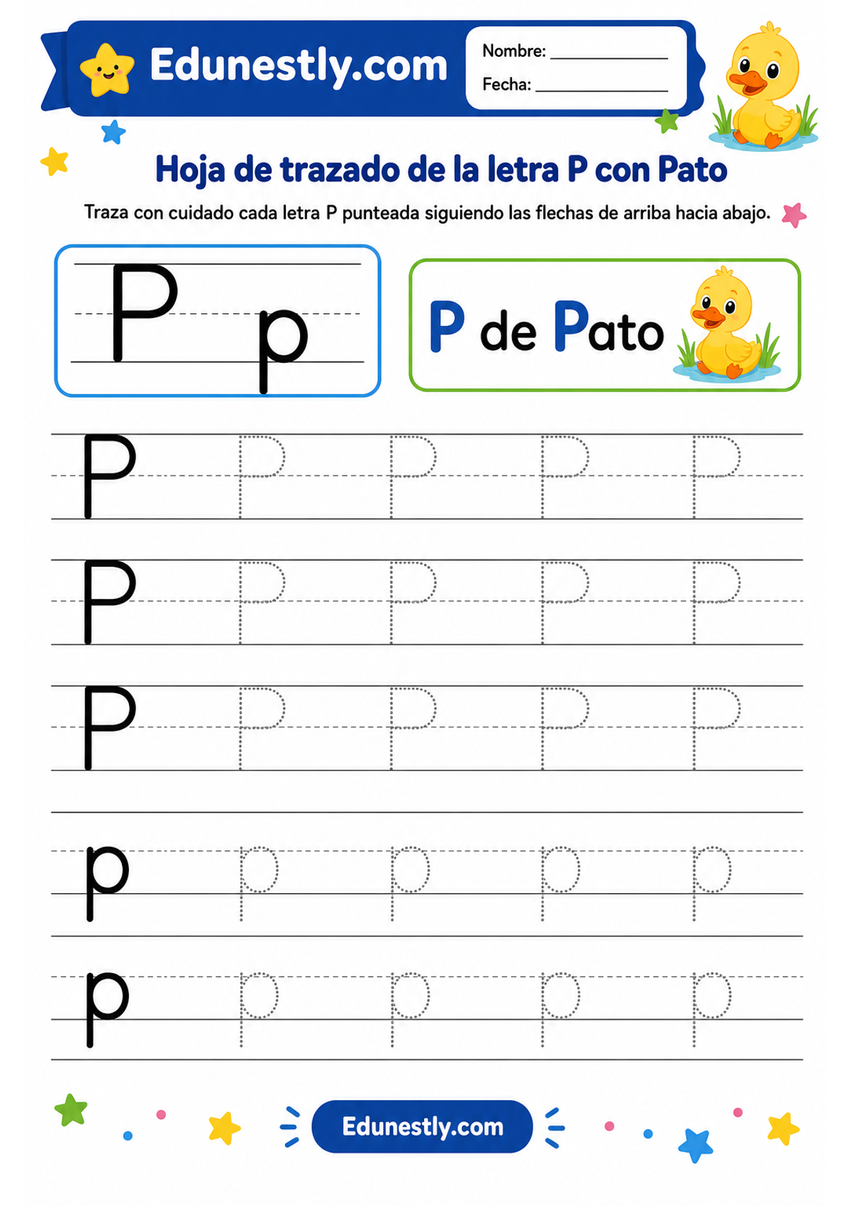 Hoja de trazado de la letra P con Pato