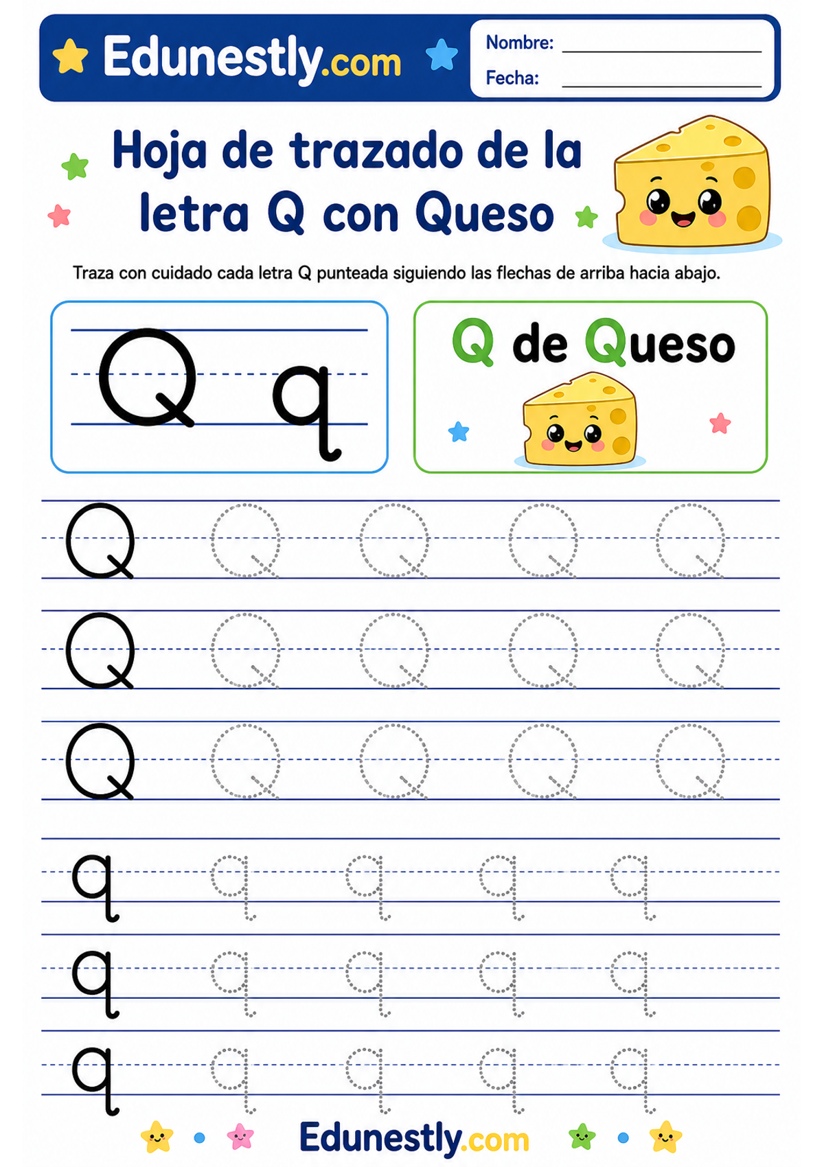 Hoja de trazado de la letra Q con Queso