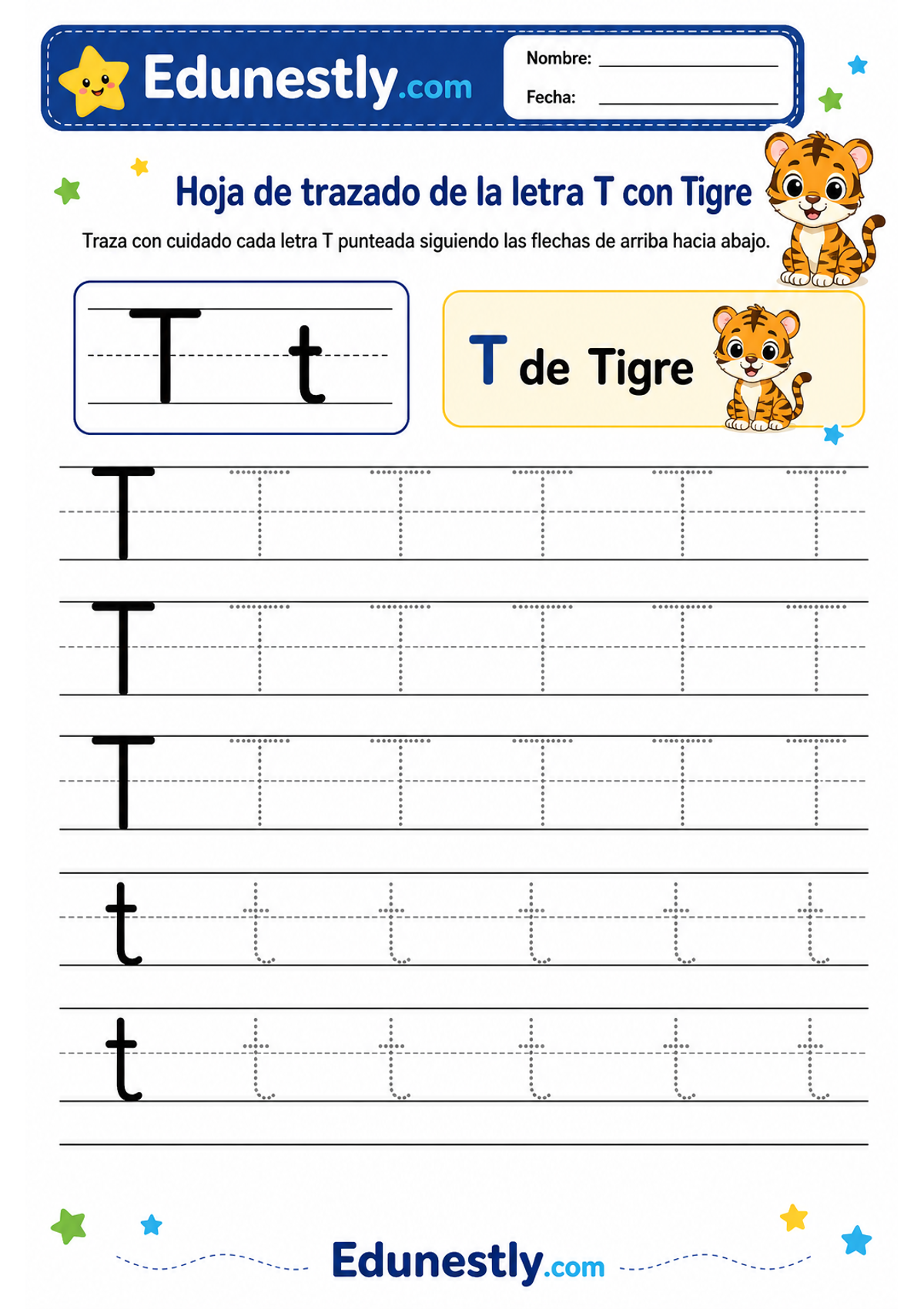 Hoja de trazado de la letra T con Tigre