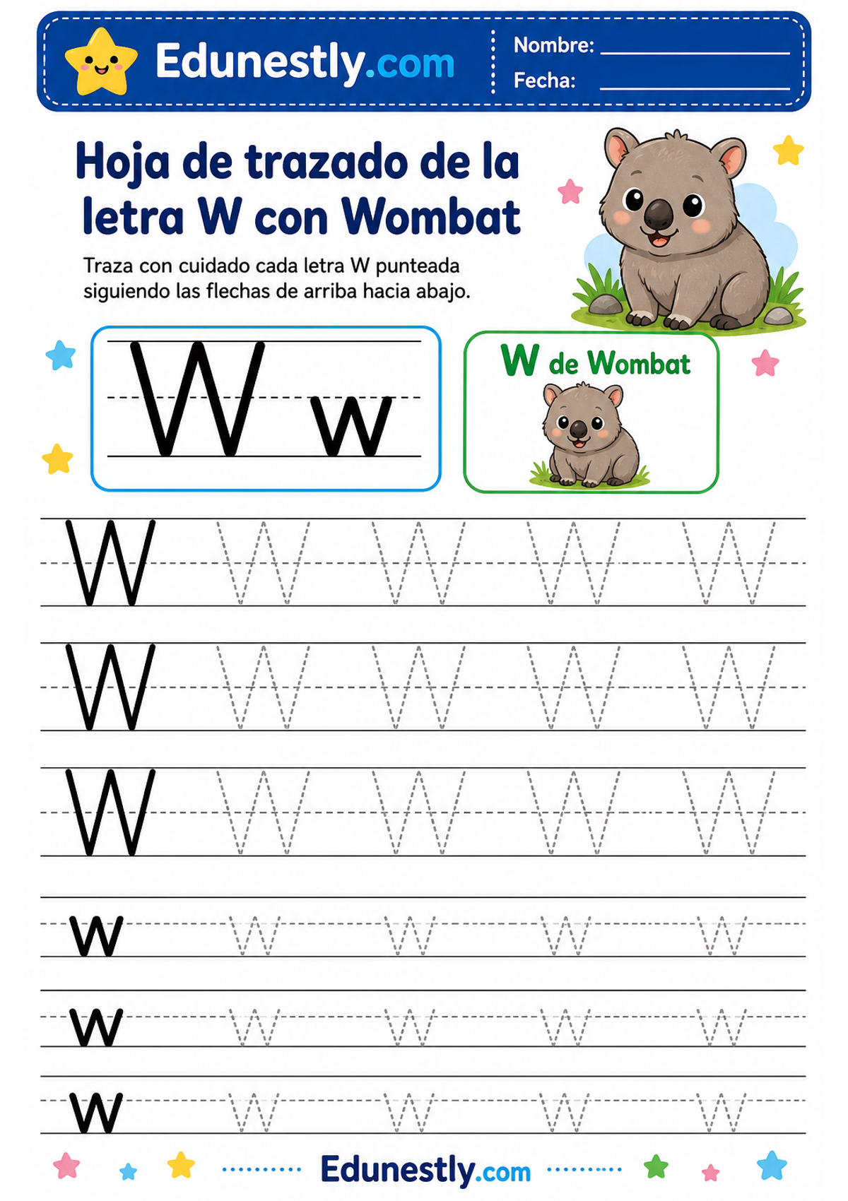 Hoja de trazado de la letra W con Wombat