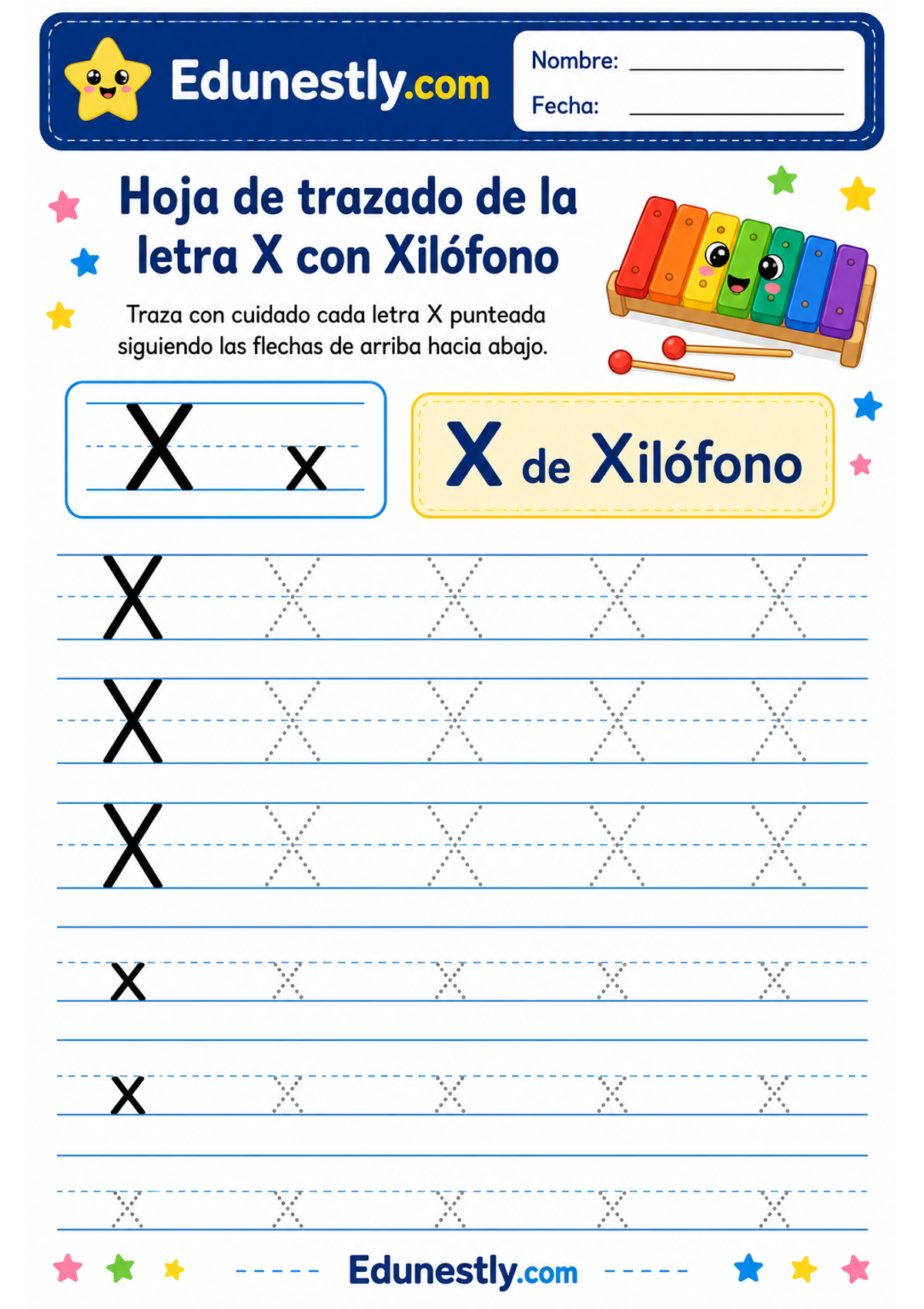 Hoja de trazado de la letra X con Xilófono