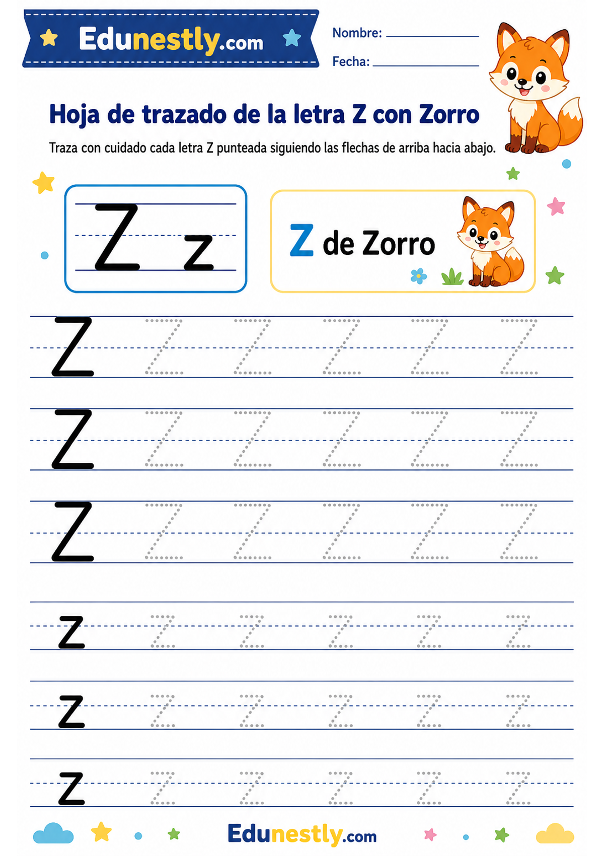 Hoja de trazado de la letra Z con Zorro