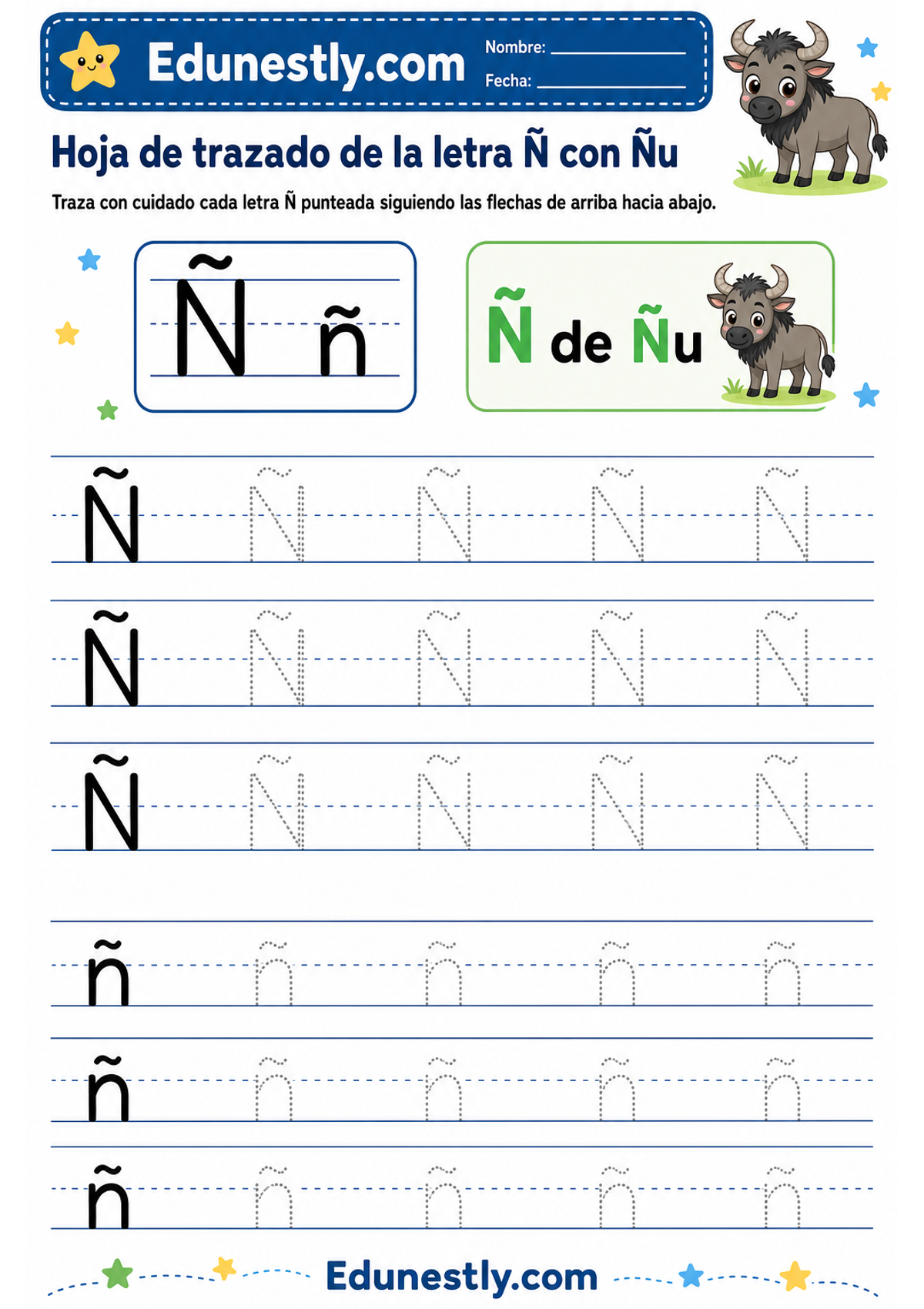 Hoja de trazado de la letra Ñ con Ñu
