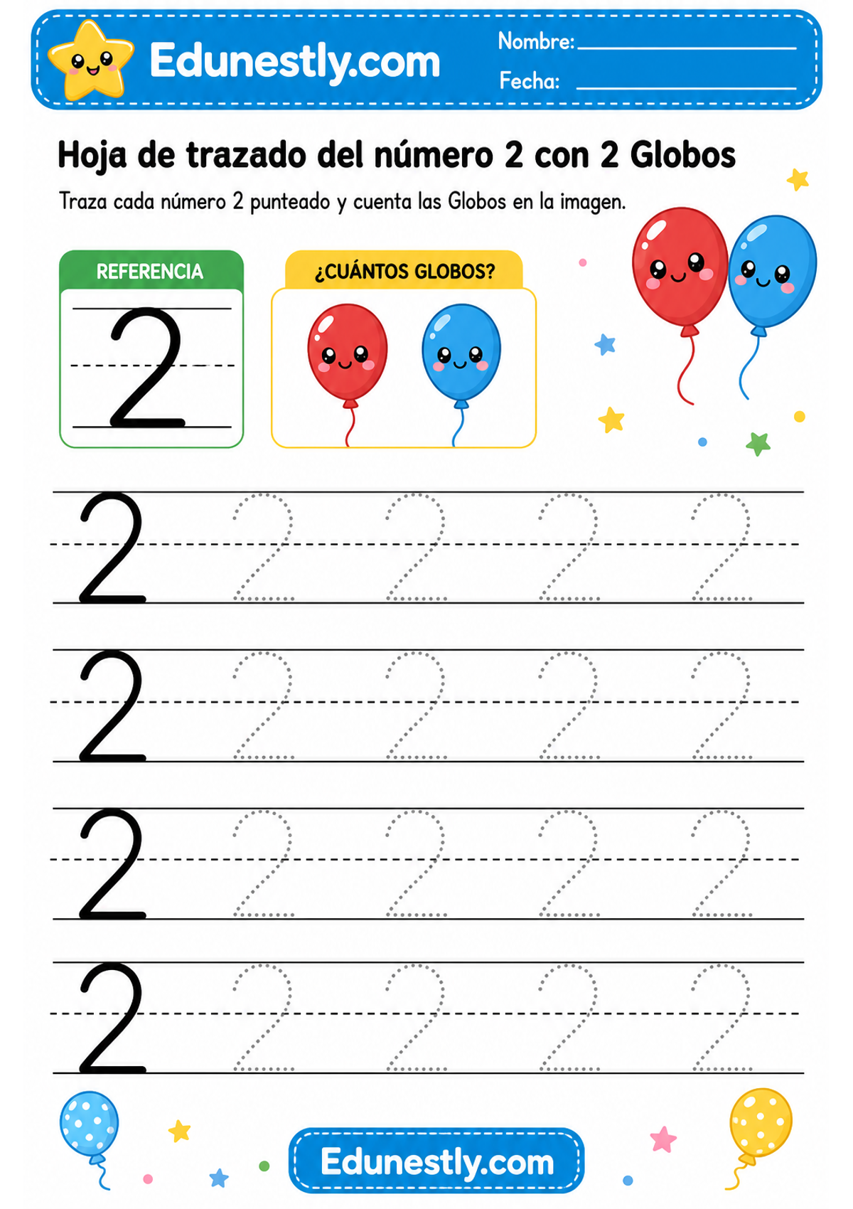 Hoja de trazado del número 2 con 2 Globos