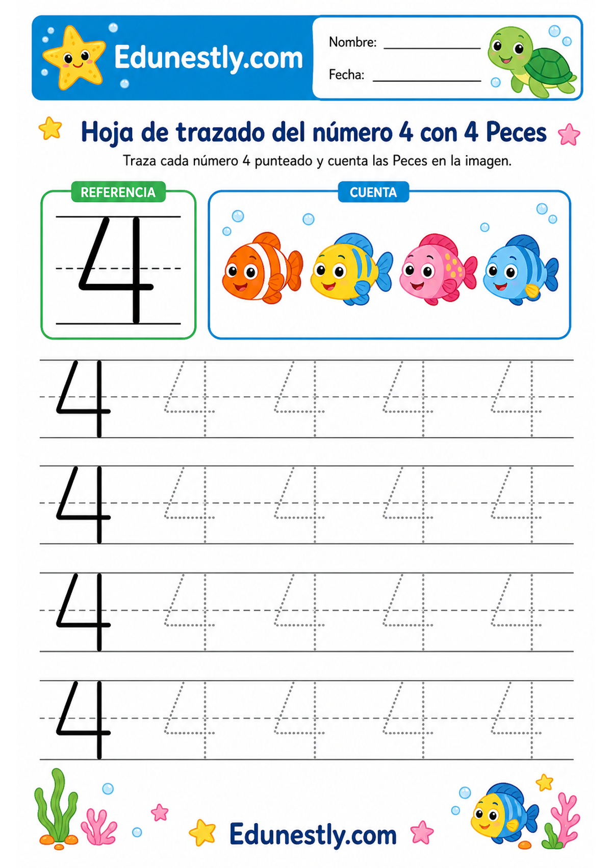 Hoja de trazado del número 4 con 4 Peces