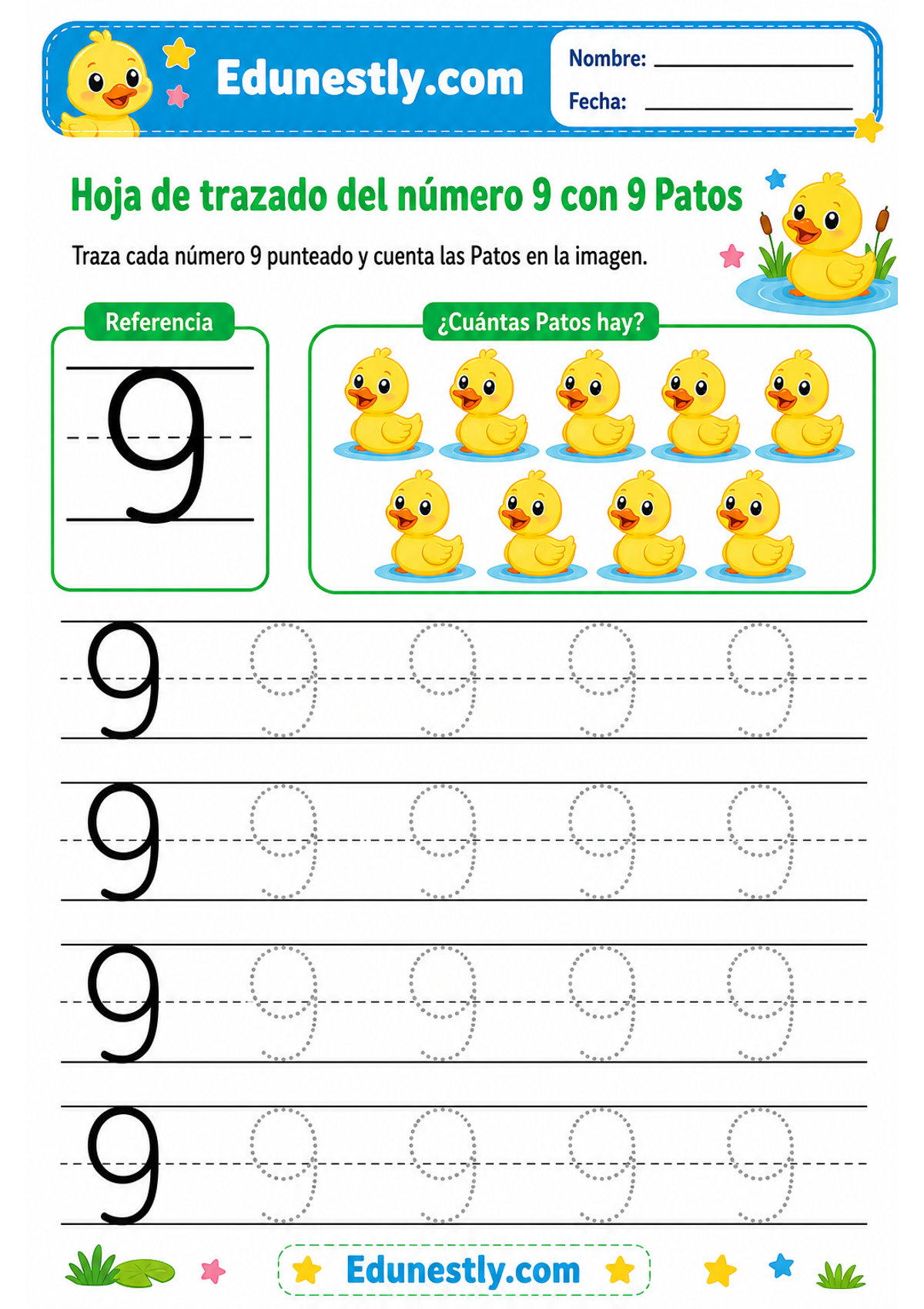 Hoja de trazado del número 9 con 9 Patos
