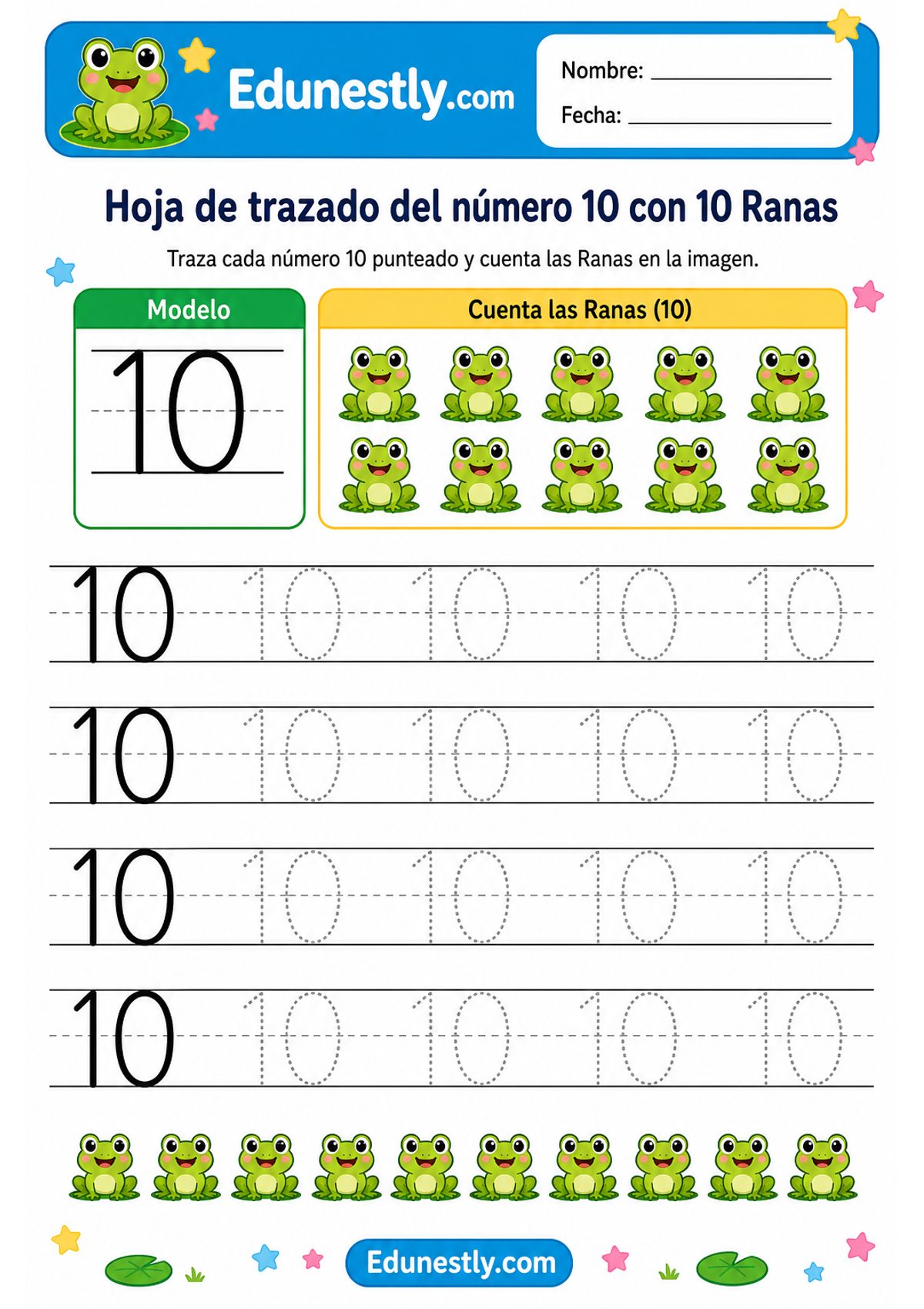 Hoja de trazado del número 10 con 10 Ranas