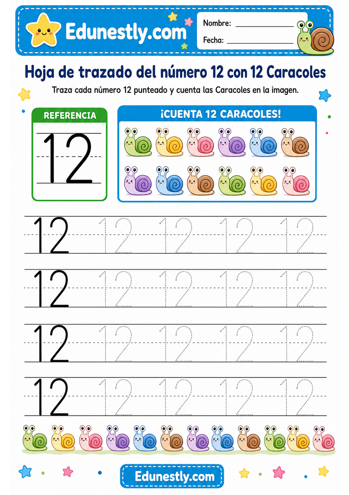 Hoja de trazado del número 12 con 12 Caracoles