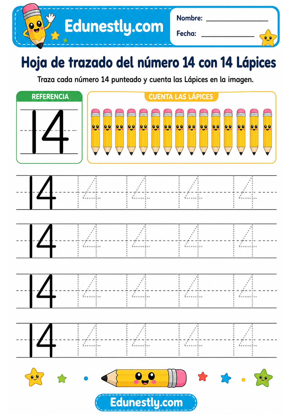 Hoja de trazado del número 14 con 14 Lápices