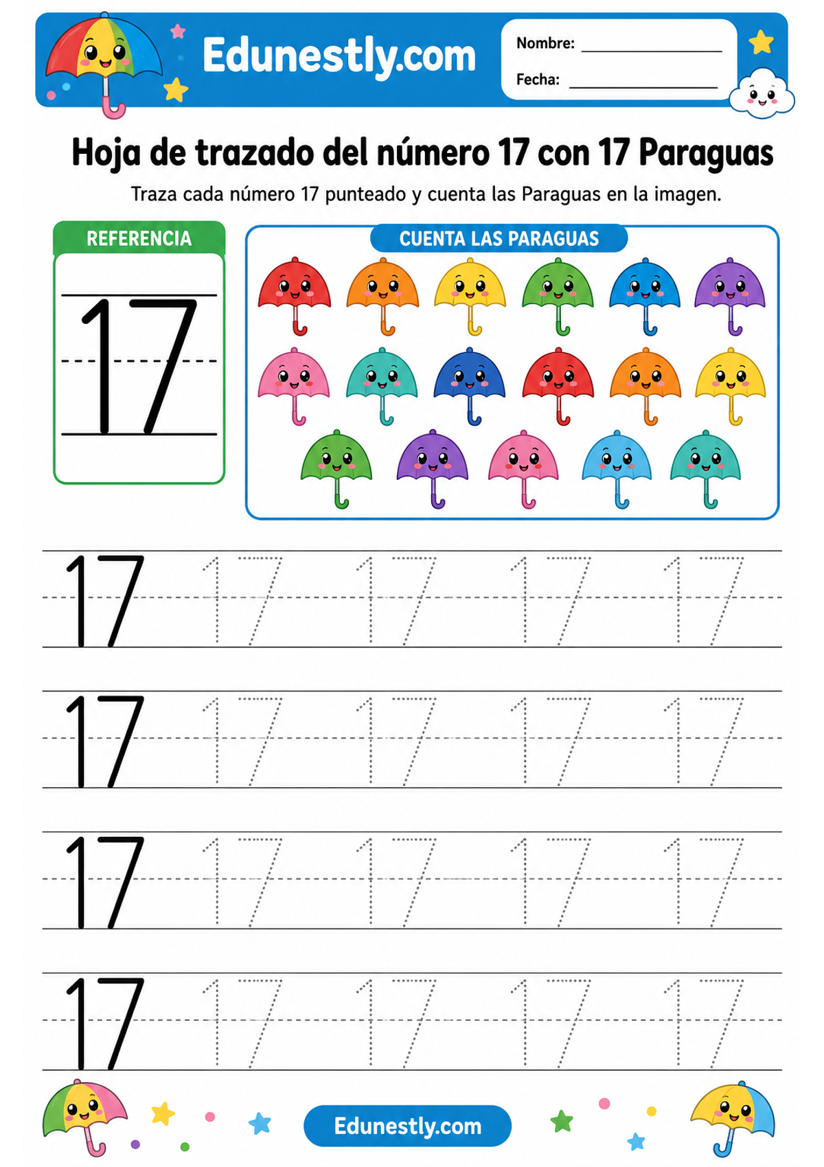 Hoja de trazado del número 17 con 17 Paraguas