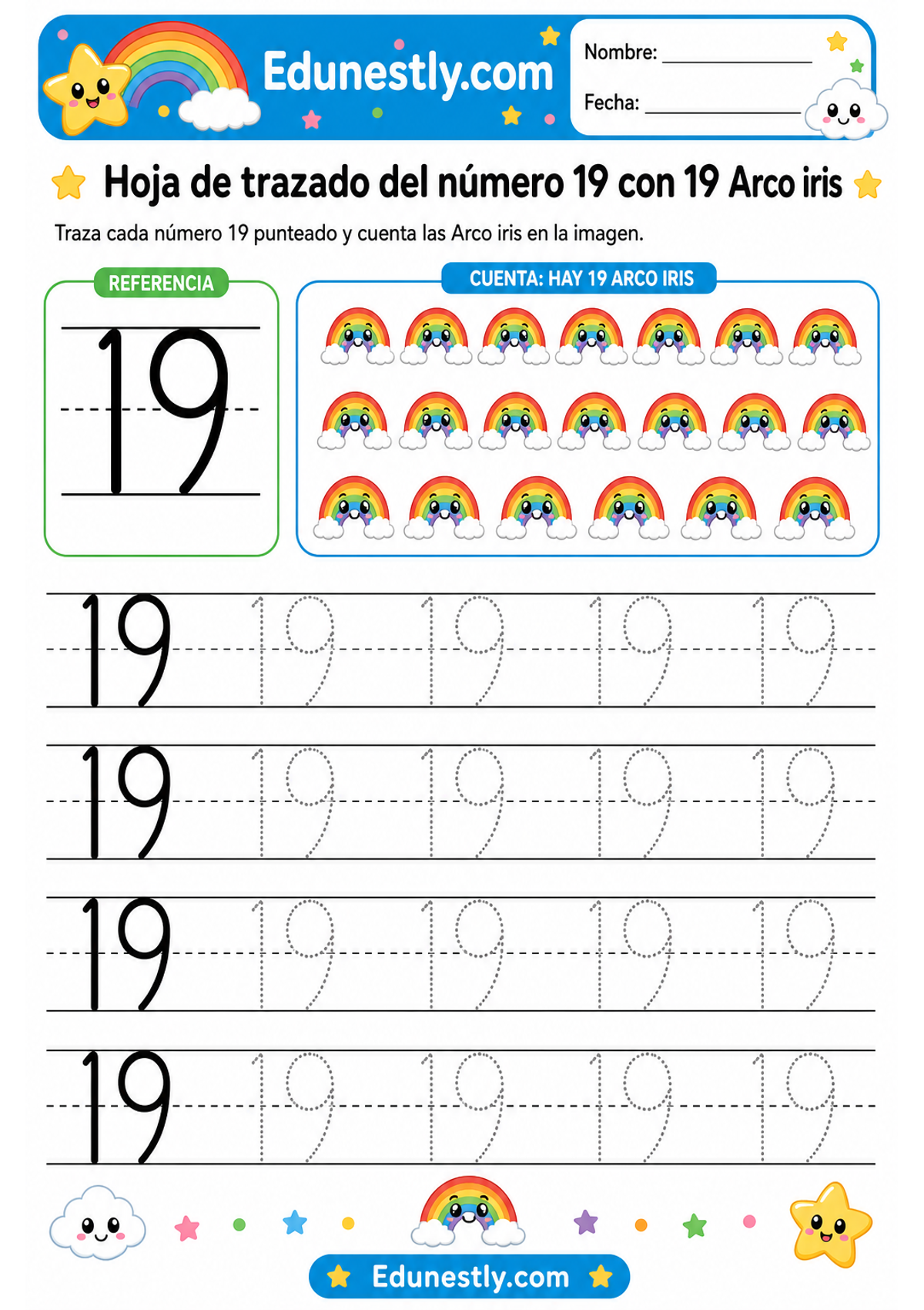 Hoja de trazado del número 19 con 19 Arco iris