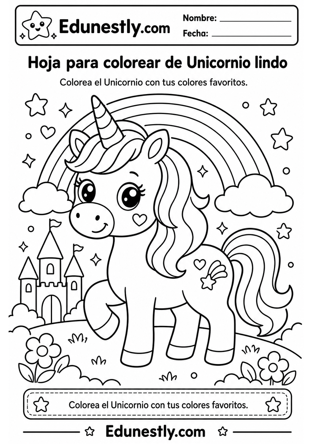 Hoja para colorear de Unicornio lindo