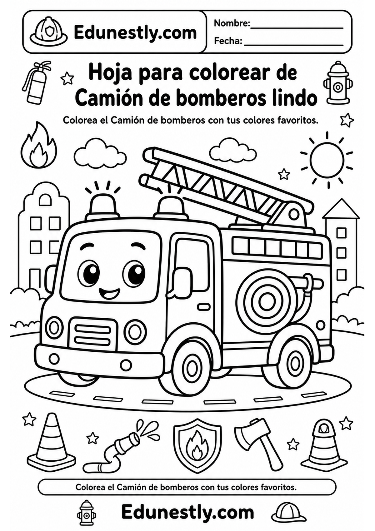 Hoja para colorear de Camión de bomberos lindo