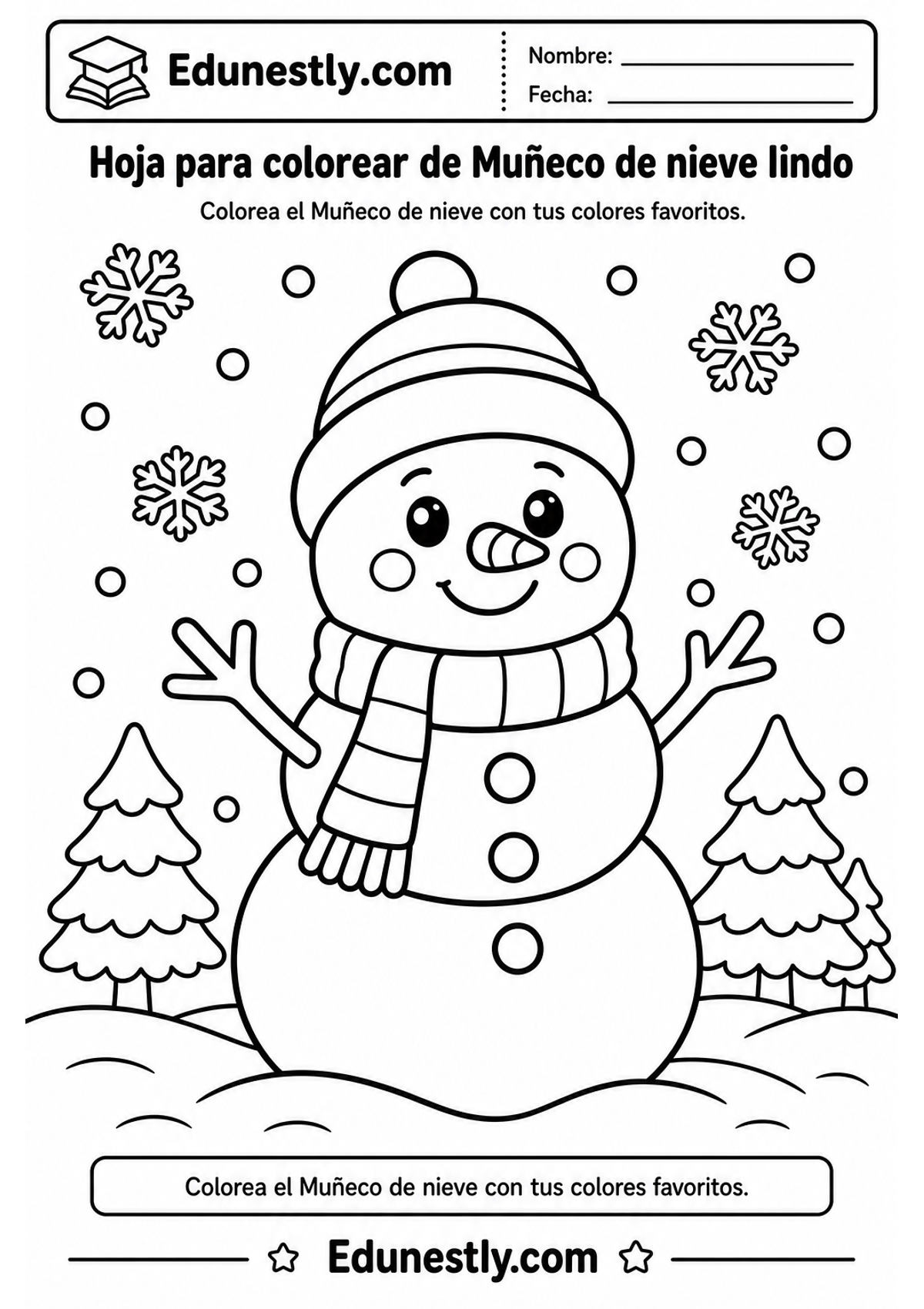 Hoja para colorear de Muñeco de nieve lindo
