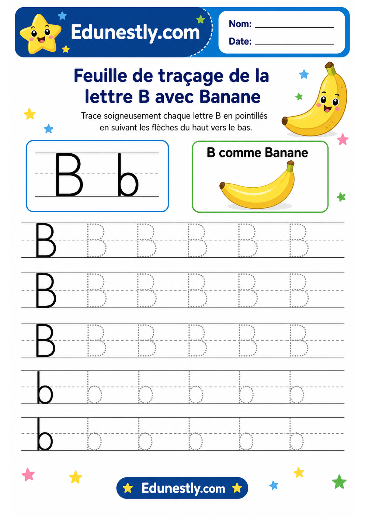 Feuille de traçage de la lettre B avec Banane