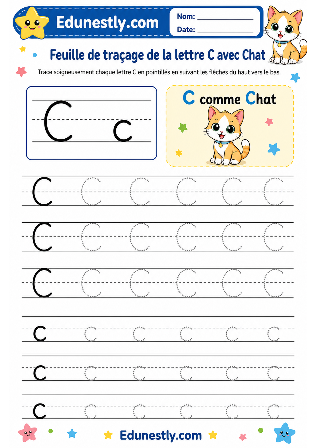 Feuille de traçage de la lettre C avec Chat