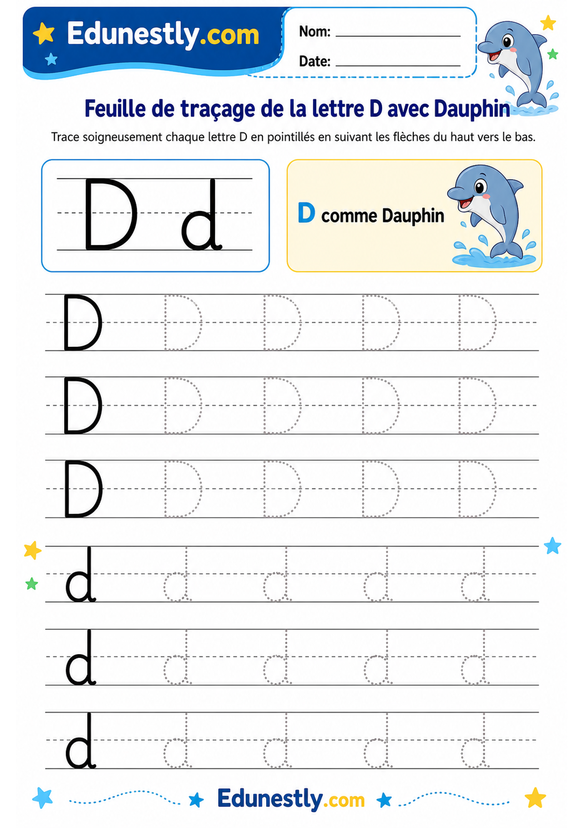 Feuille de traçage de la lettre D avec Dauphin