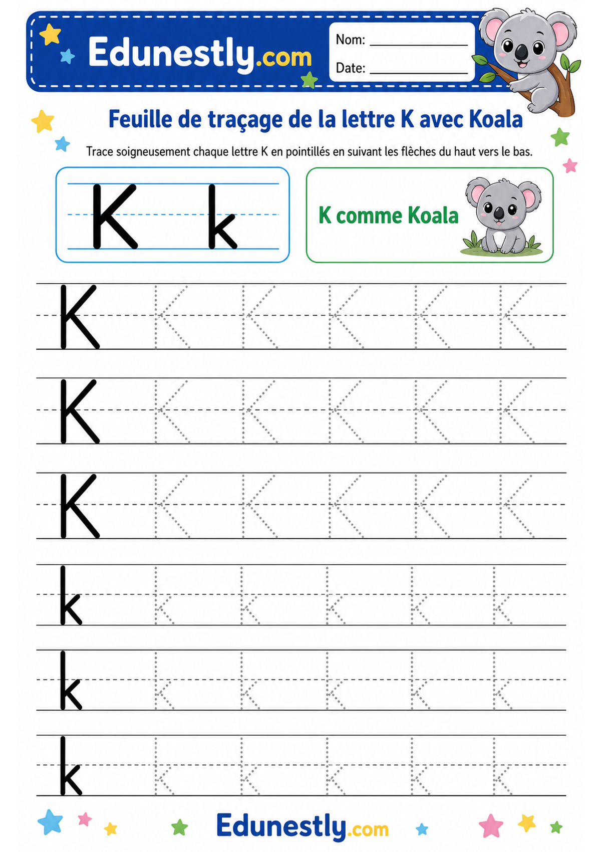 Feuille de traçage de la lettre K avec Koala
