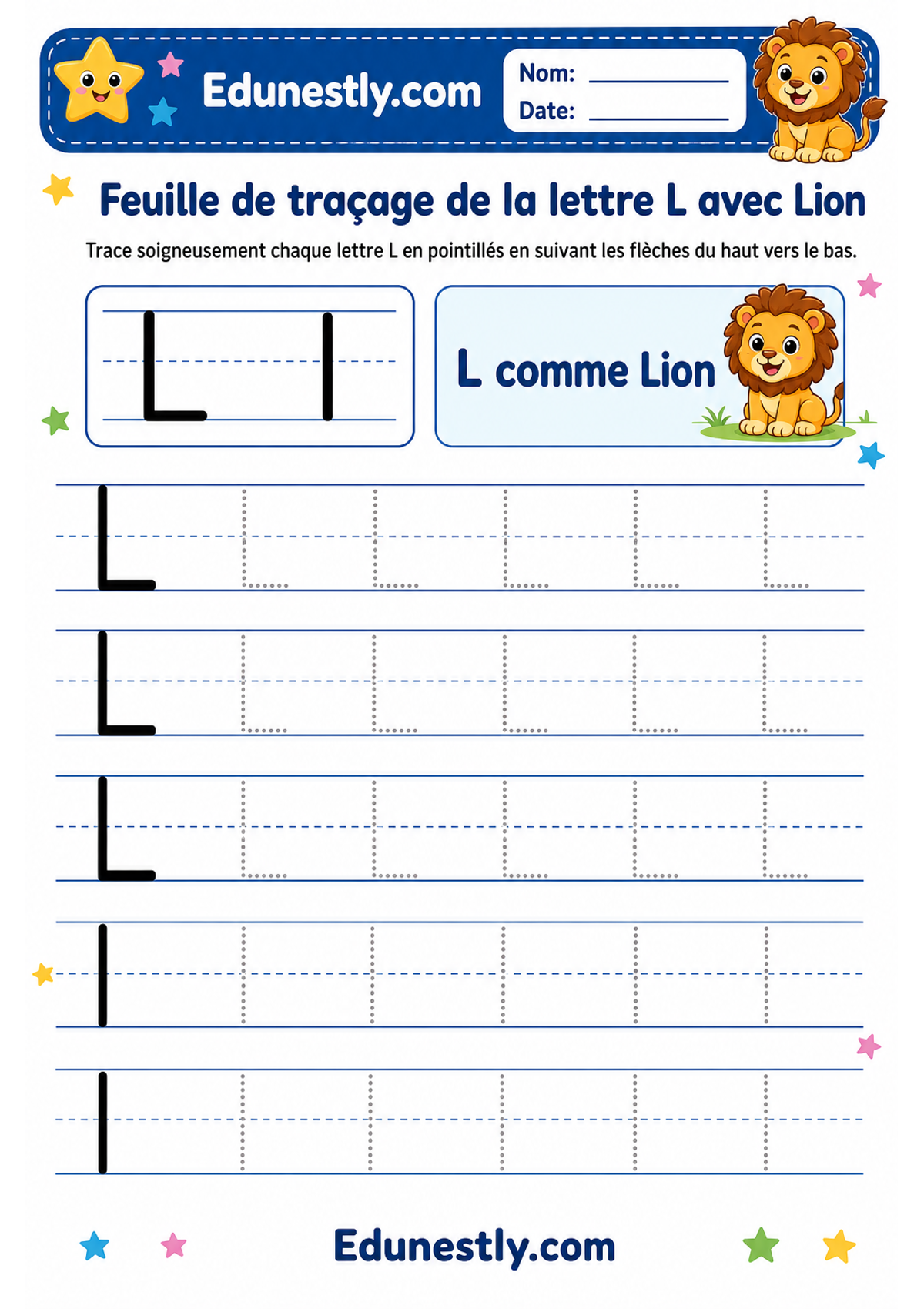 Feuille de traçage de la lettre L avec Lion