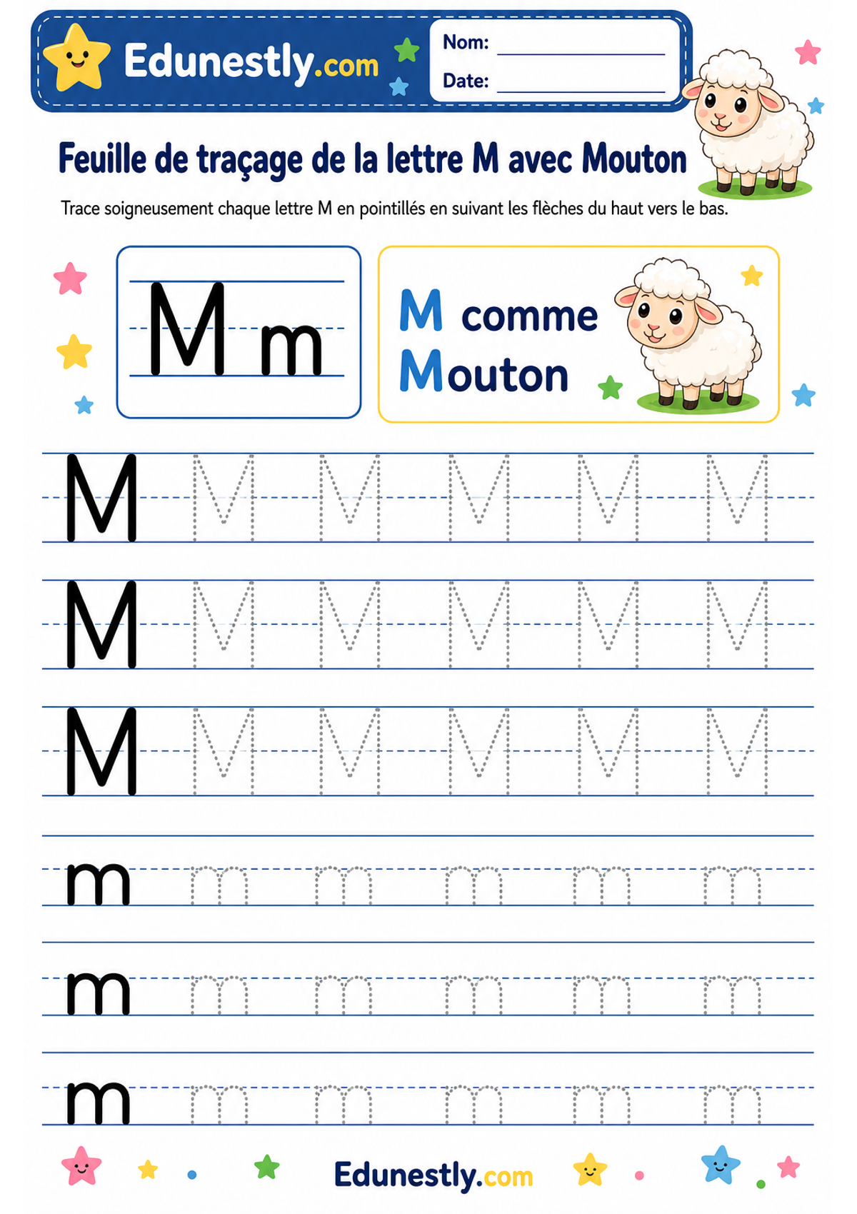 Feuille de traçage de la lettre M avec Mouton