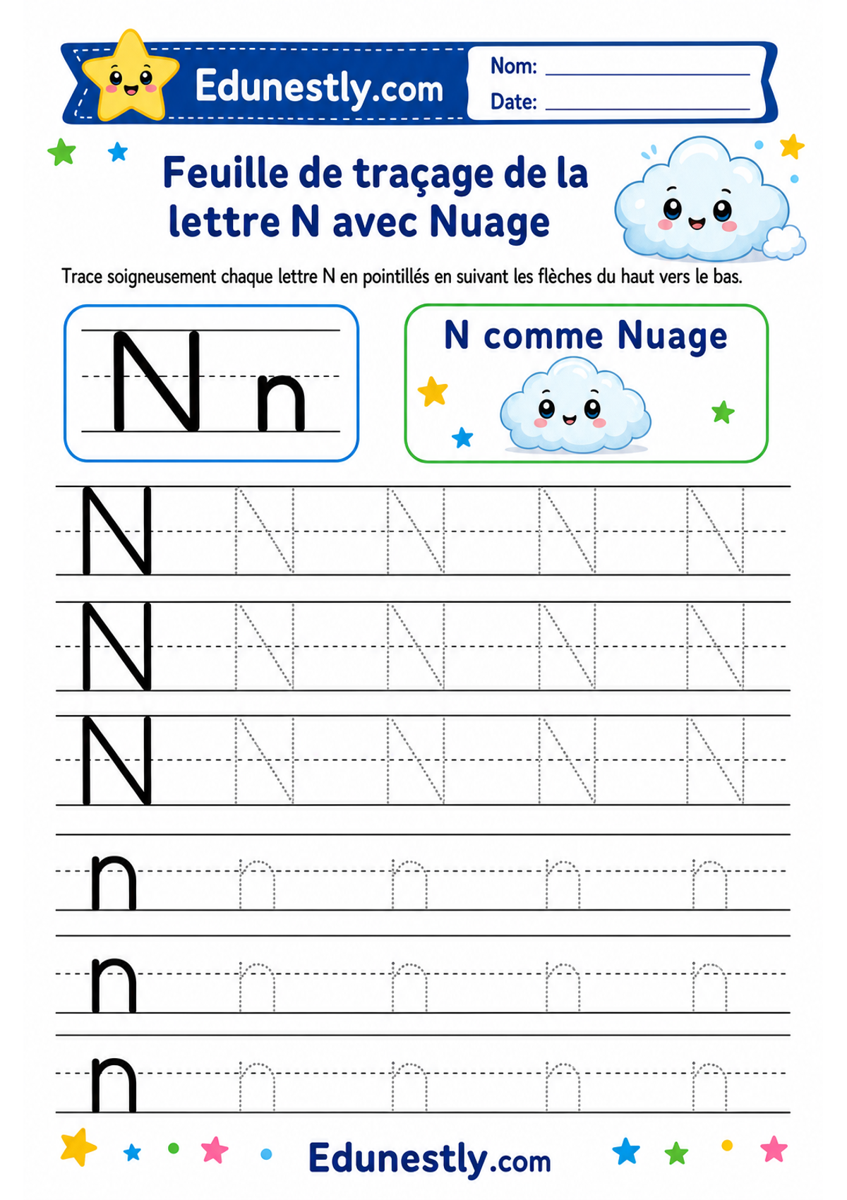 Feuille de traçage de la lettre N avec Nuage
