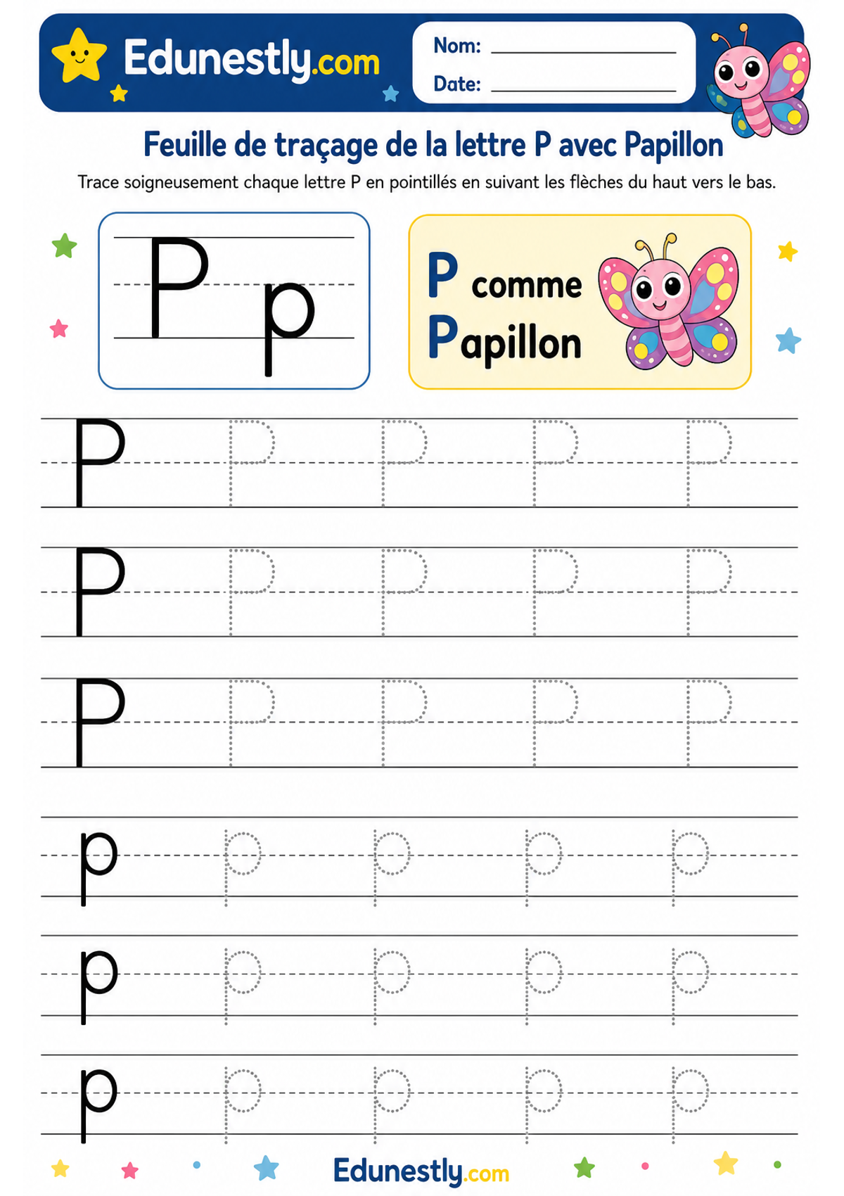 Feuille de traçage de la lettre P avec Papillon