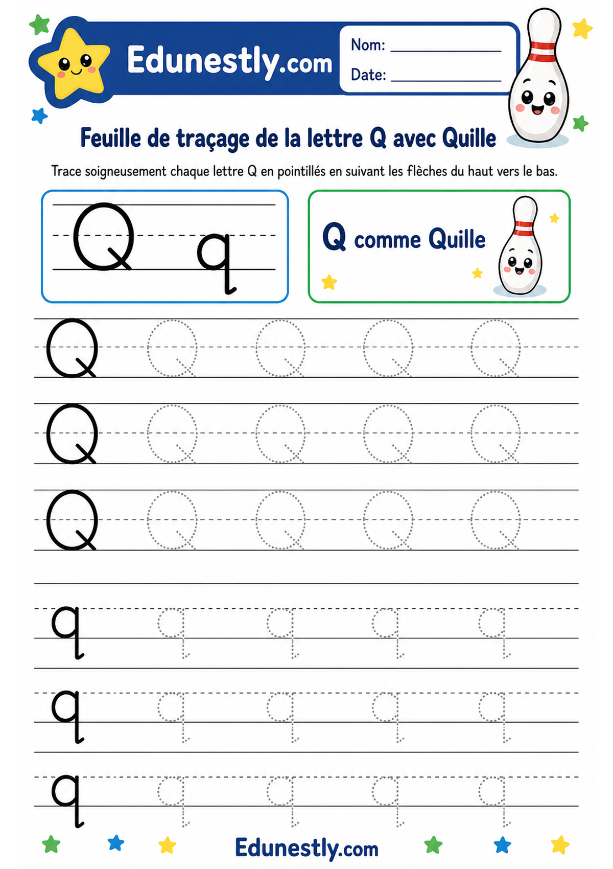 Feuille de traçage de la lettre Q avec Quille