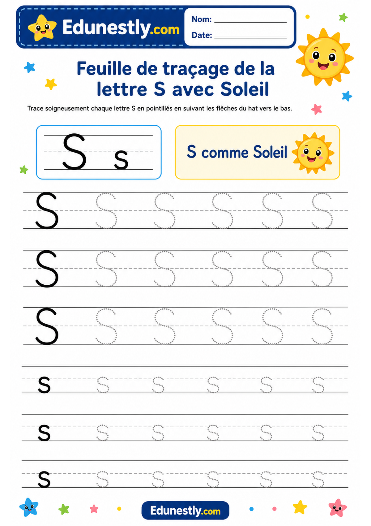Feuille de traçage de la lettre S avec Soleil