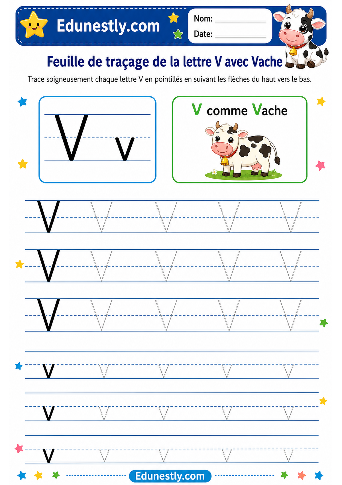 Feuille de traçage de la lettre V avec Vache