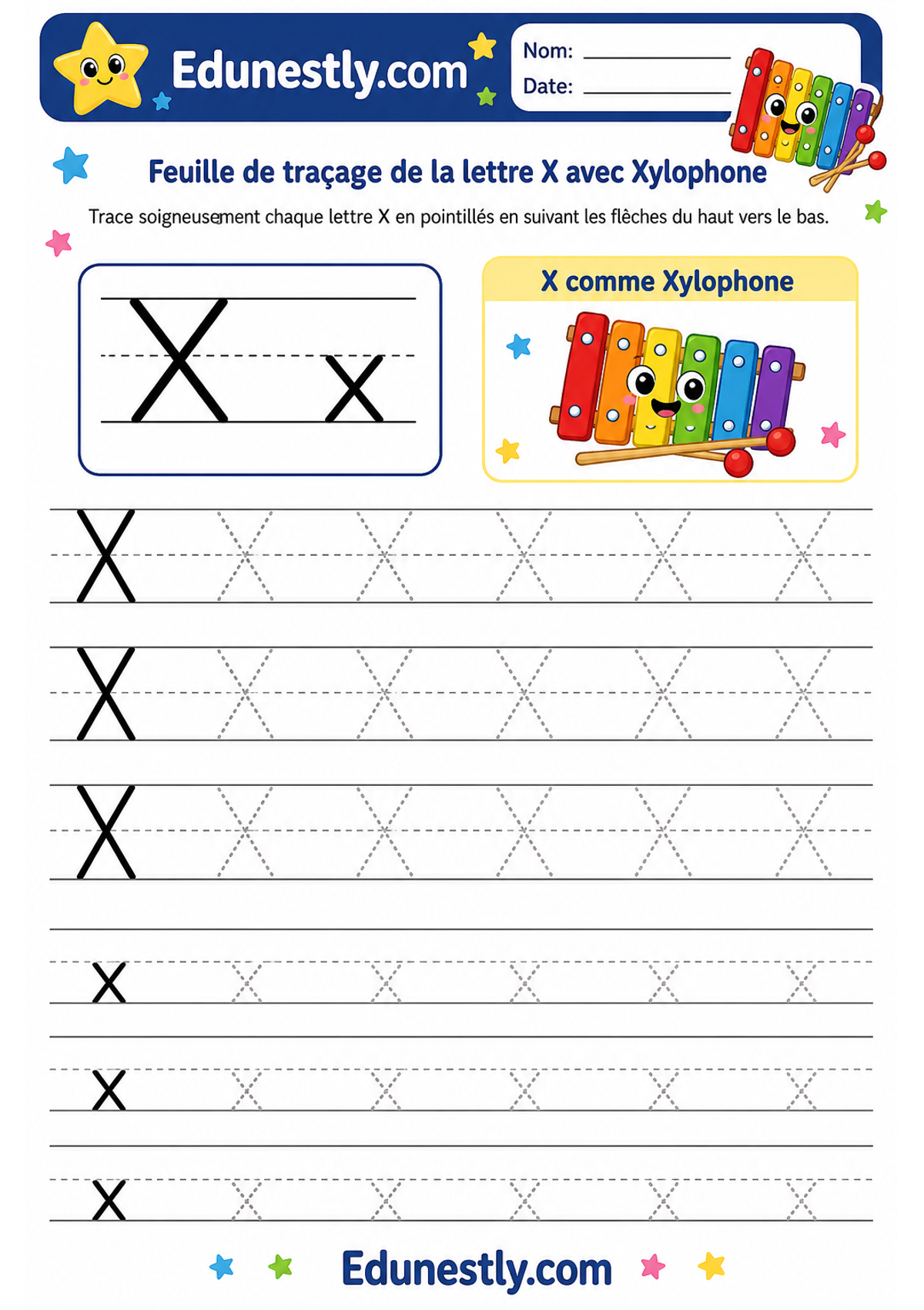Feuille de traçage de la lettre X avec Xylophone