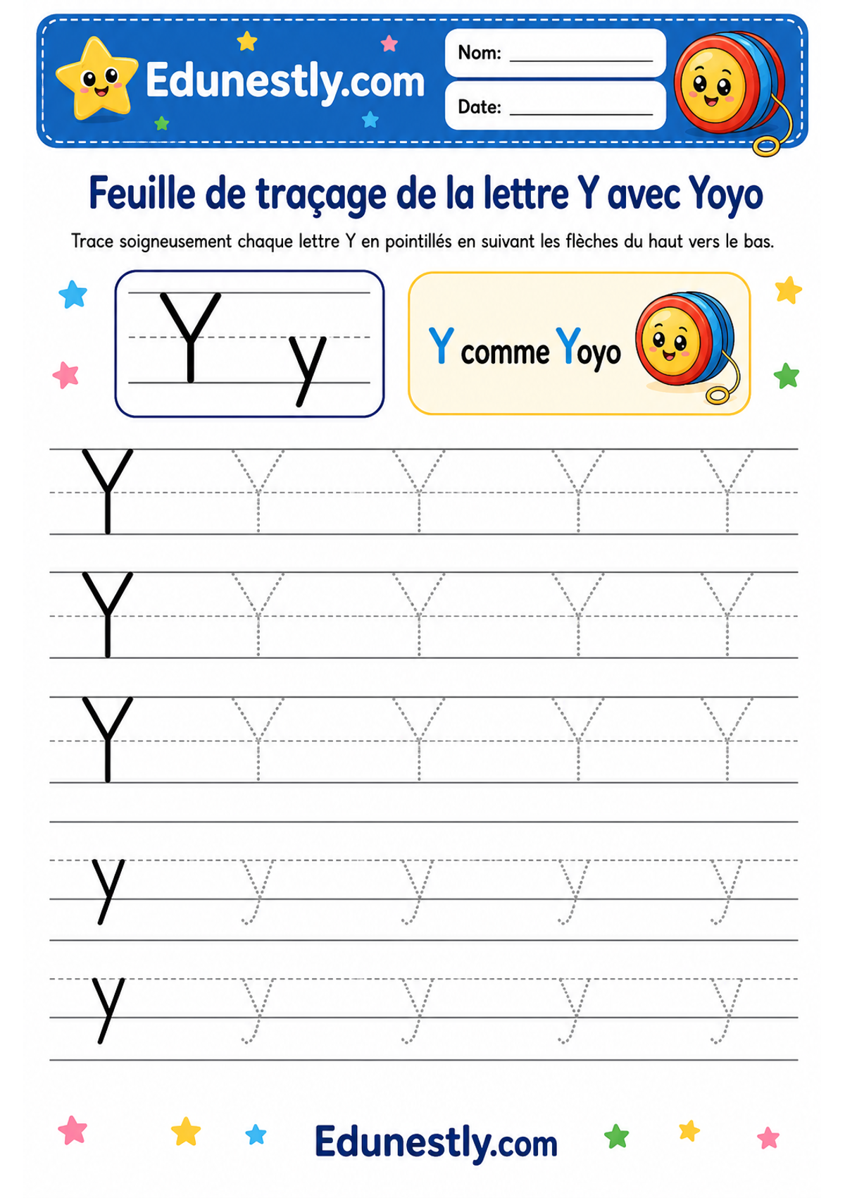 Feuille de traçage de la lettre Y avec Yoyo