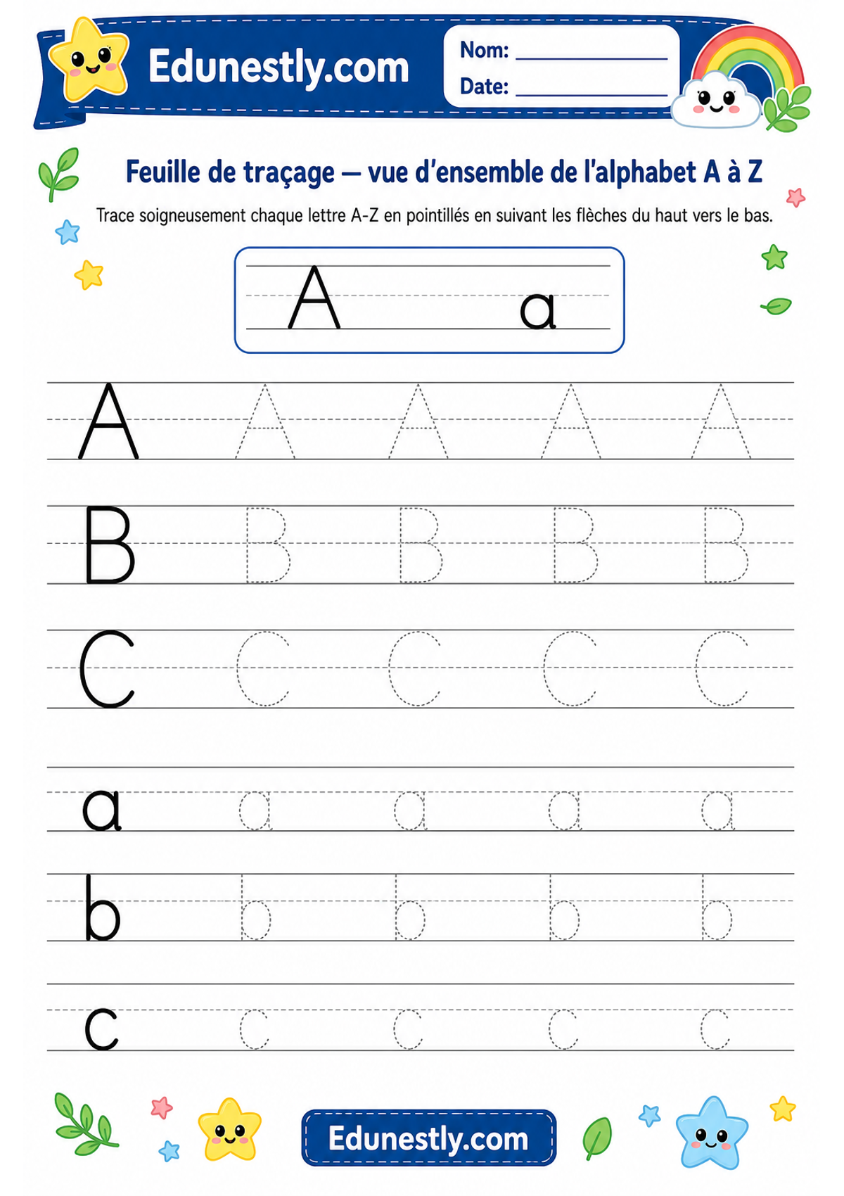 Feuille de traçage — vue d'ensemble de l'alphabet A à Z