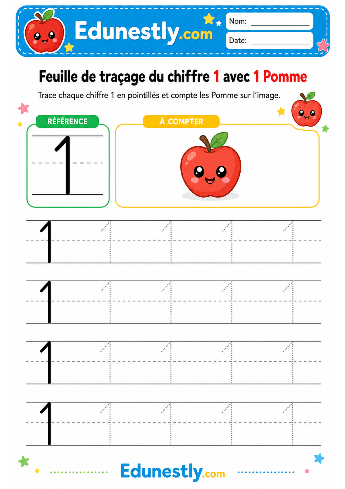 Feuille de traçage du chiffre 1 avec 1 Pomme