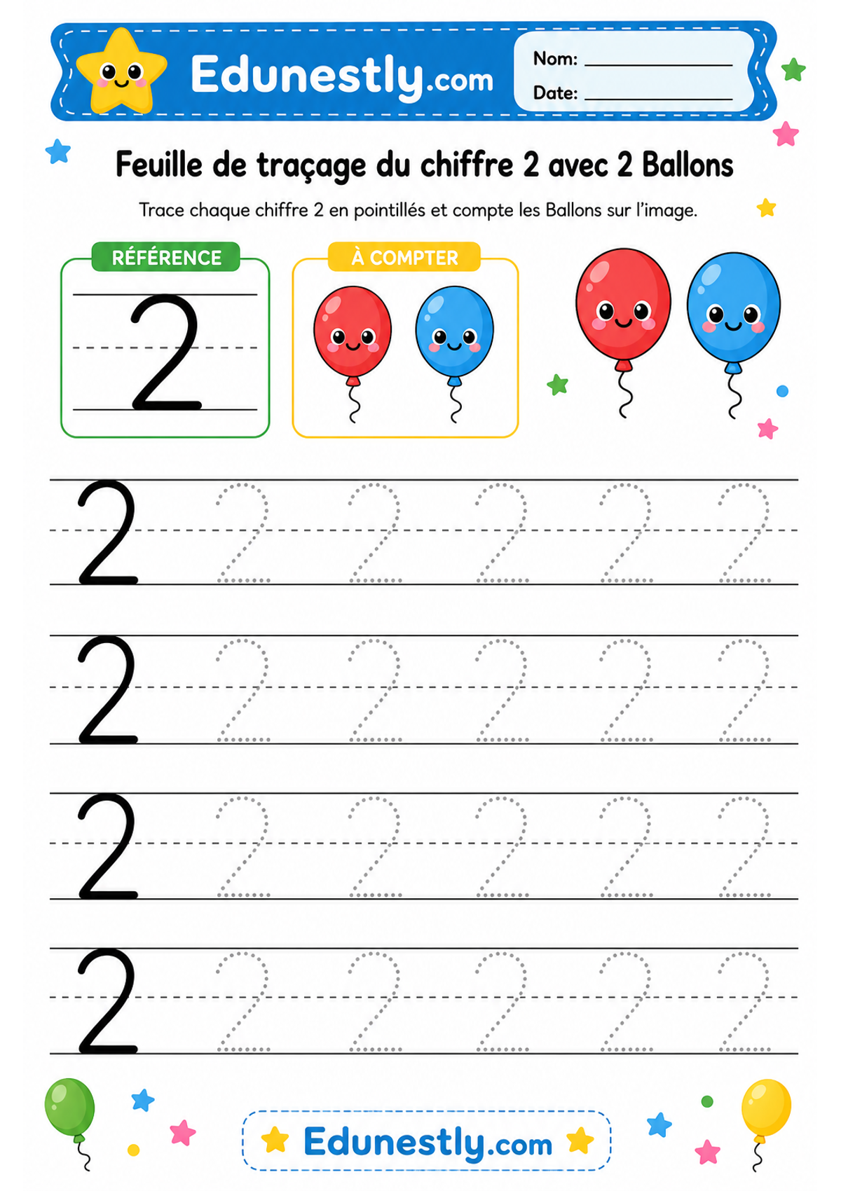 Feuille de traçage du chiffre 2 avec 2 Ballons