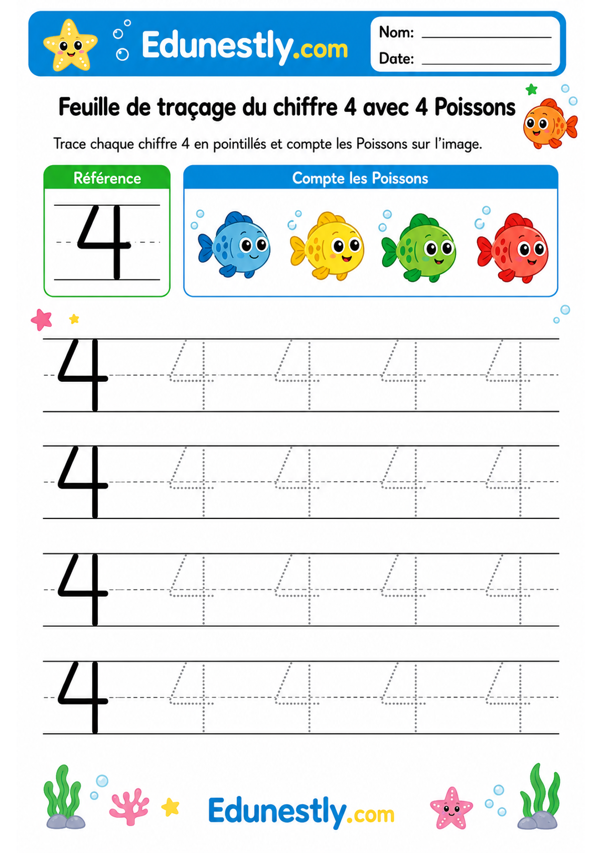 Feuille de traçage du chiffre 4 avec 4 Poissons
