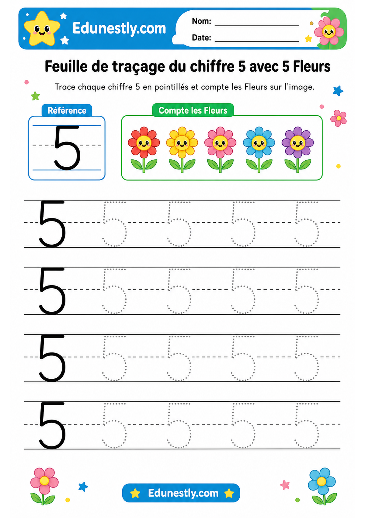 Feuille de traçage du chiffre 5 avec 5 Fleurs