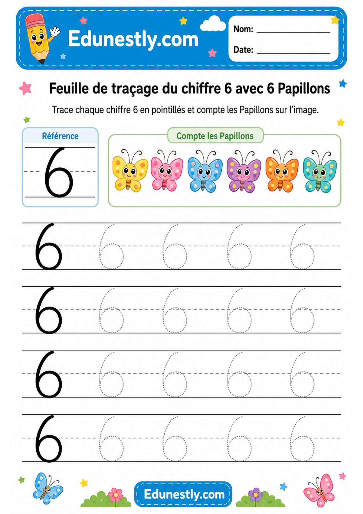 Feuille de traçage du chiffre 6 avec 6 Papillons