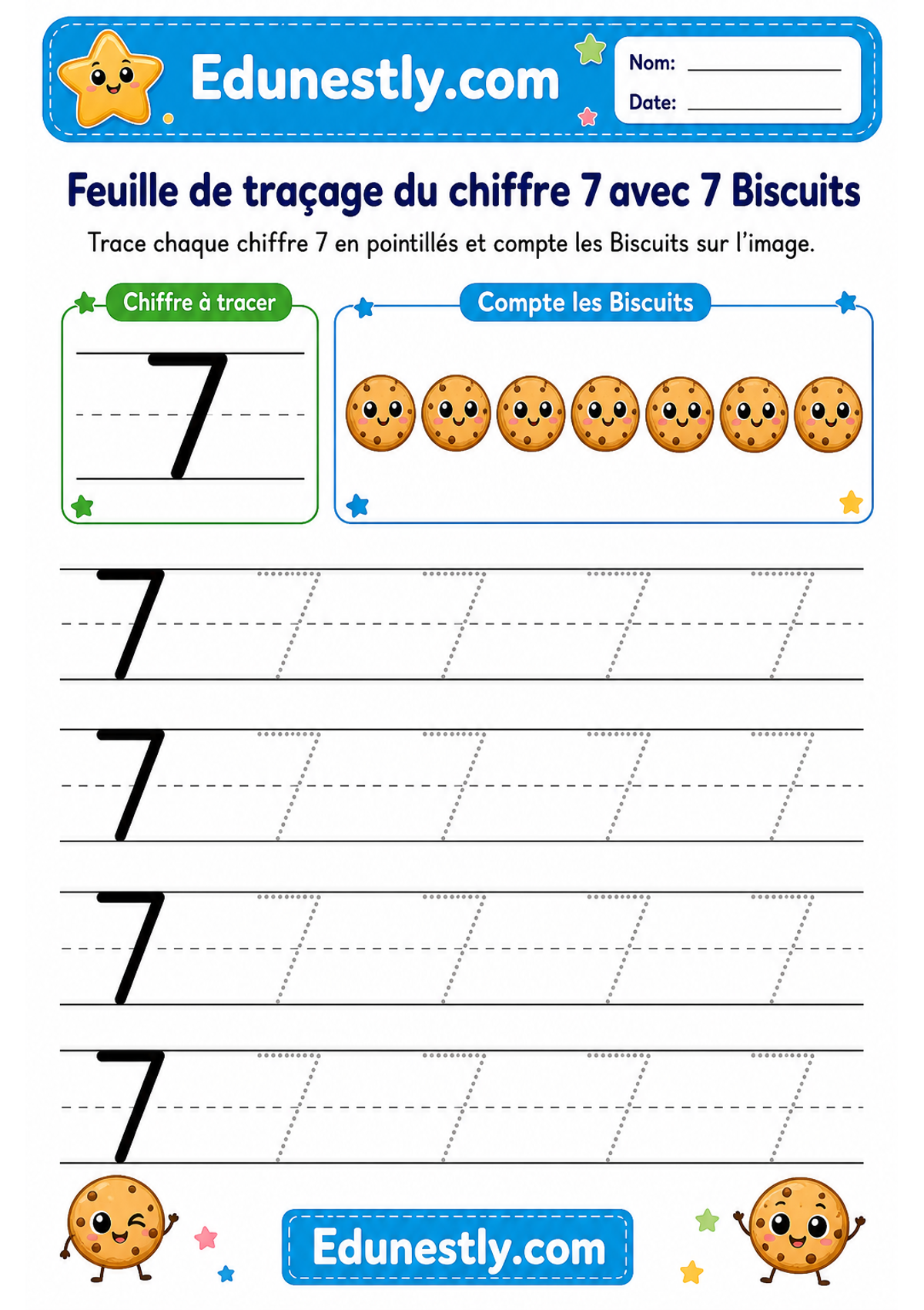 Feuille de traçage du chiffre 7 avec 7 Biscuits