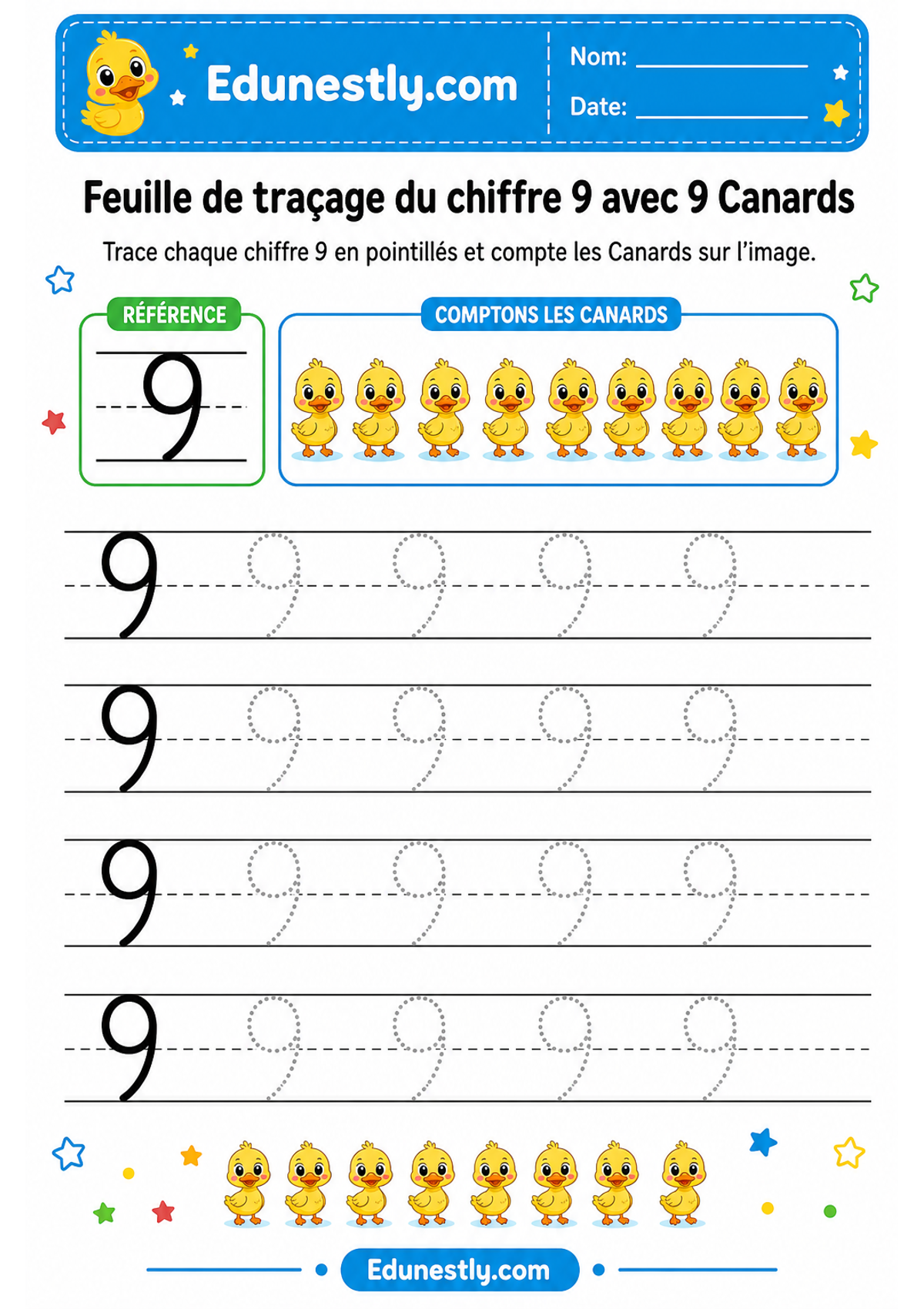 Feuille de traçage du chiffre 9 avec 9 Canards