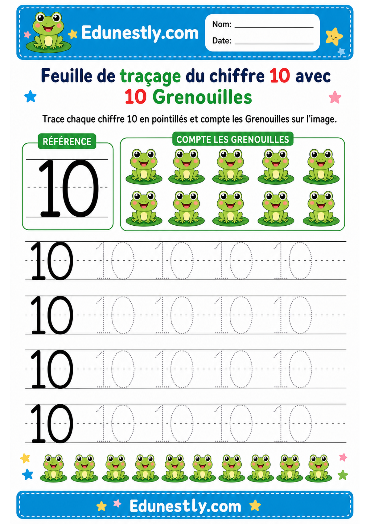Feuille de traçage du chiffre 10 avec 10 Grenouilles
