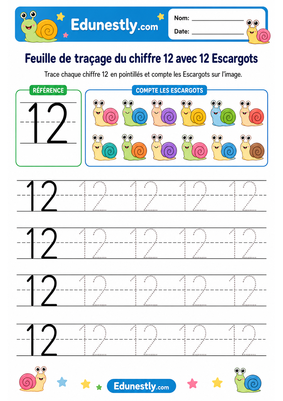 Feuille de traçage du chiffre 12 avec 12 Escargots