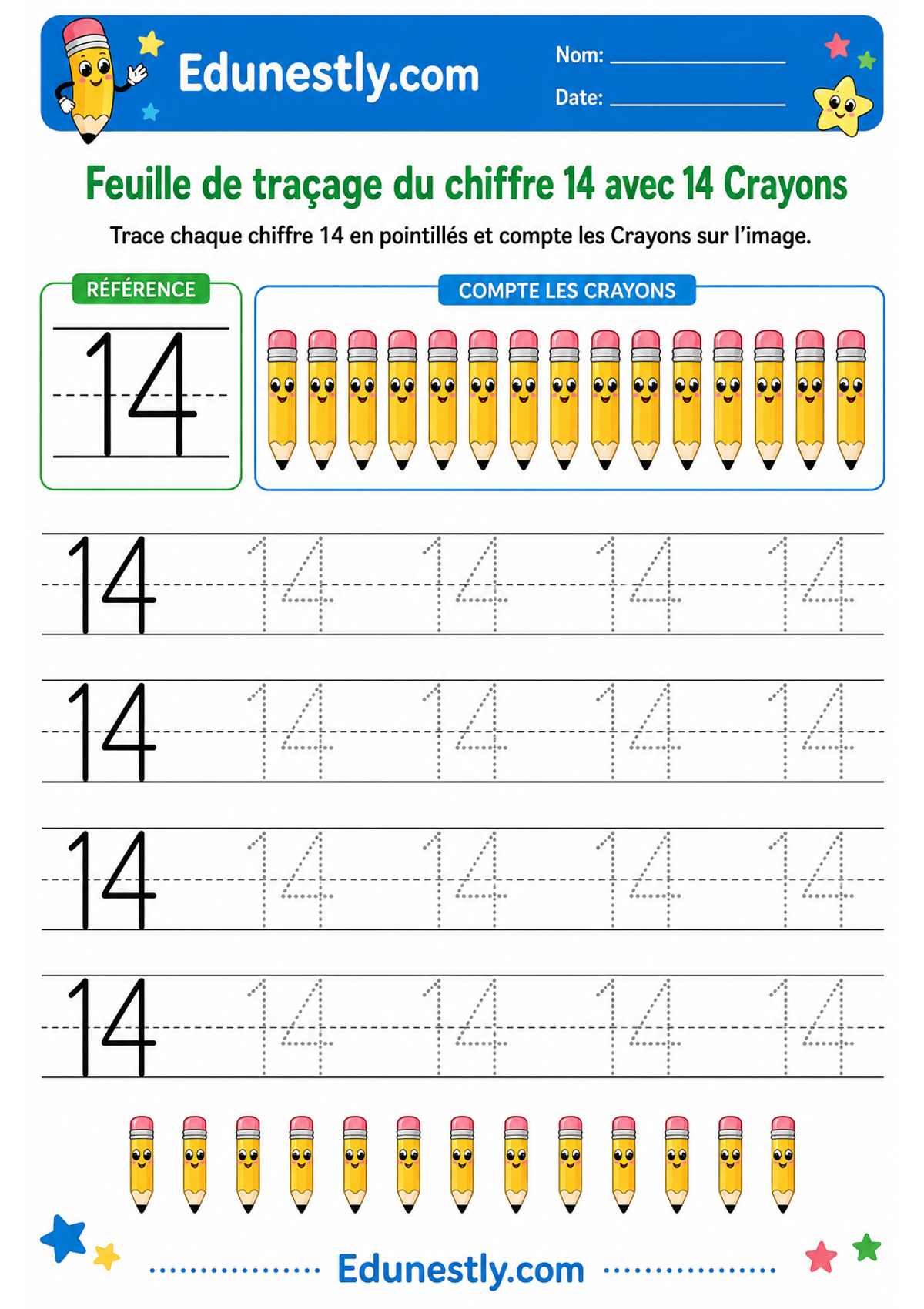 Feuille de traçage du chiffre 14 avec 14 Crayons