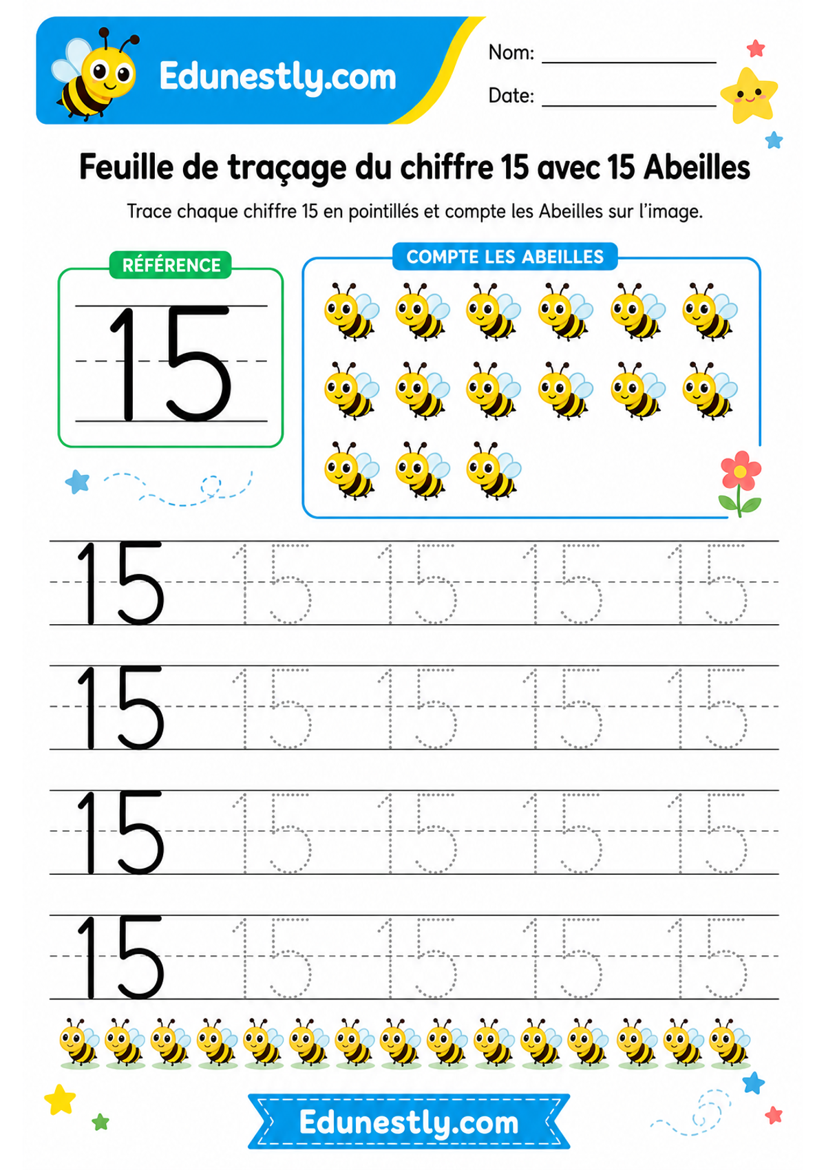 Feuille de traçage du chiffre 15 avec 15 Abeilles