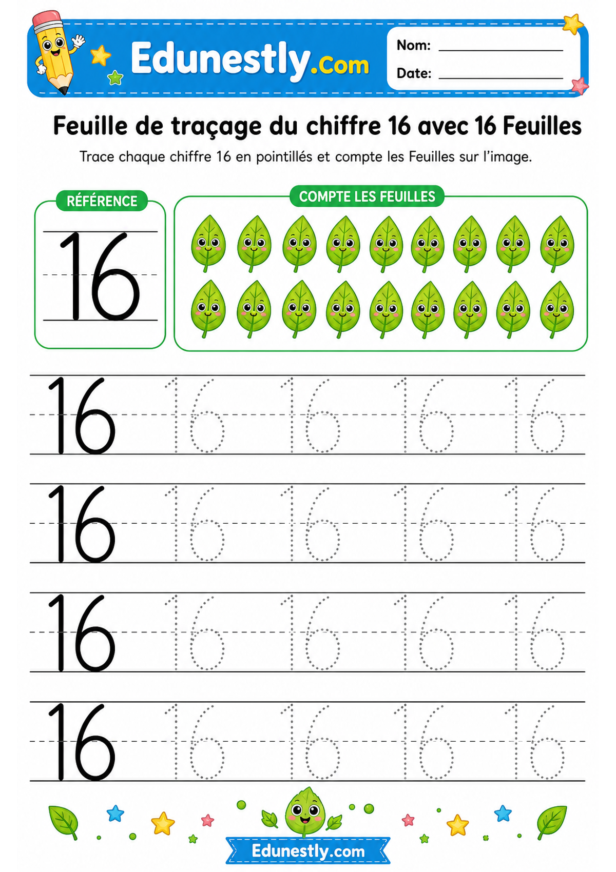 Feuille de traçage du chiffre 16 avec 16 Feuilles
