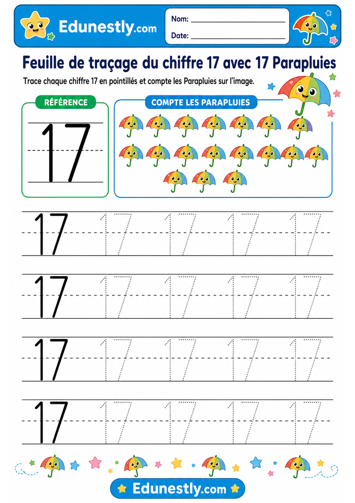 Feuille de traçage du chiffre 17 avec 17 Parapluies