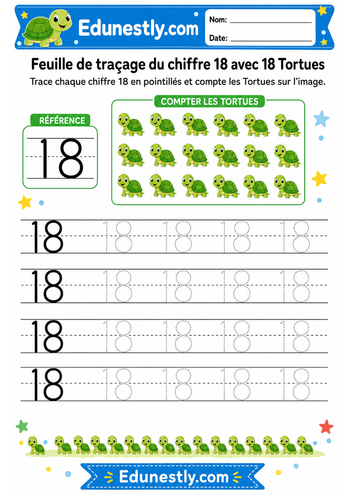 Feuille de traçage du chiffre 18 avec 18 Tortues