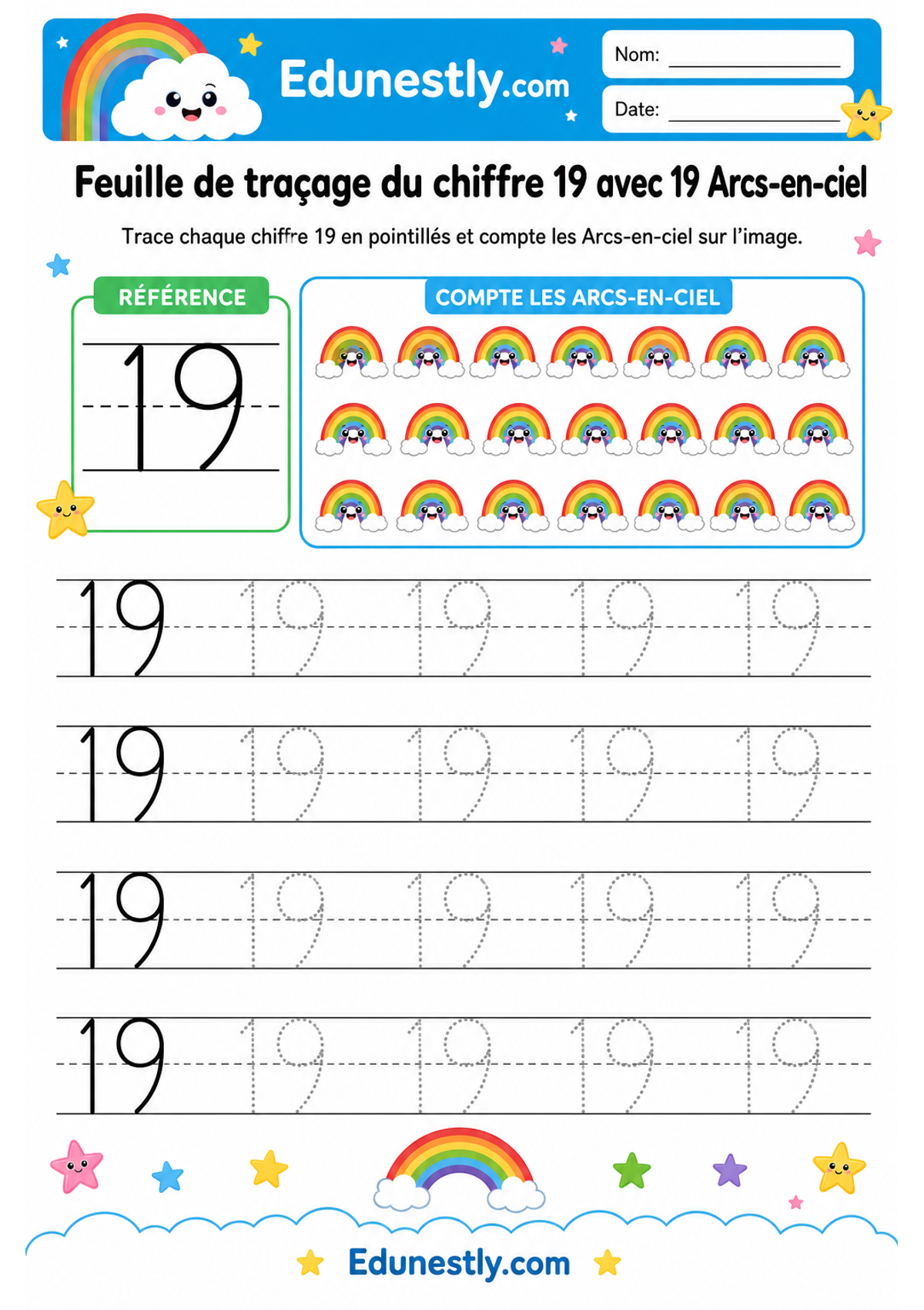 Feuille de traçage du chiffre 19 avec 19 Arcs-en-ciel