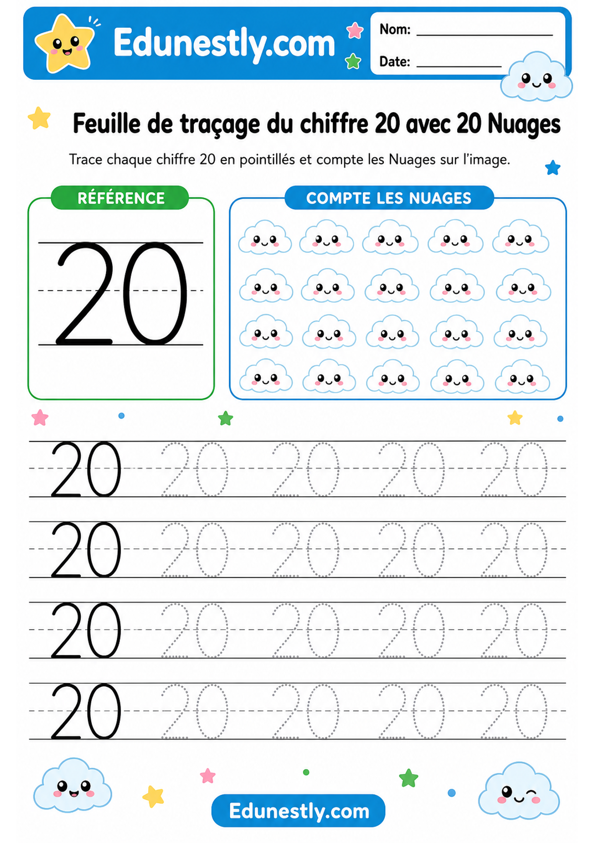 Feuille de traçage du chiffre 20 avec 20 Nuages